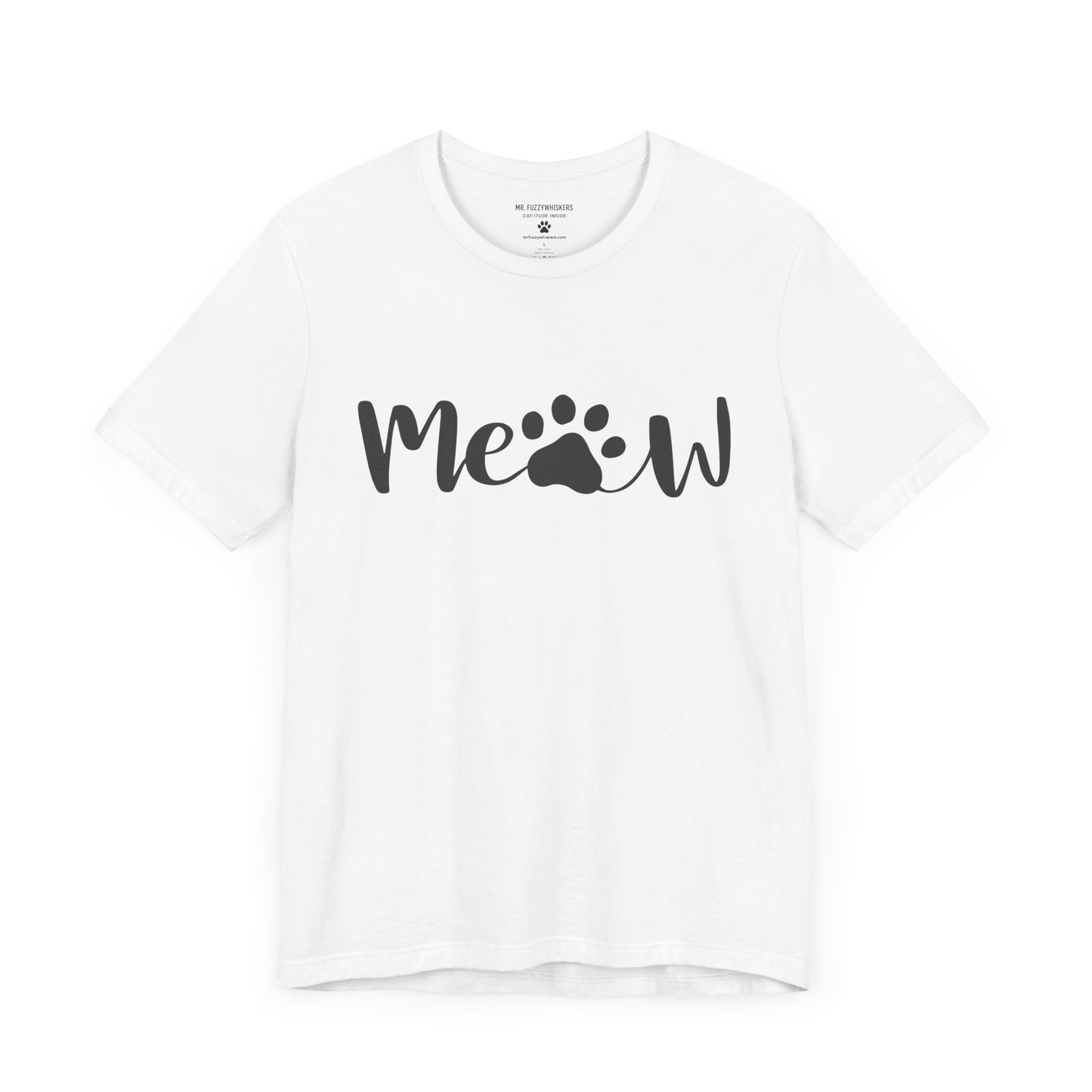 Meow Script T-Shirt – Minimalist Cat Lover Tee with Paw Print | Mr. Fuzzywhiskers