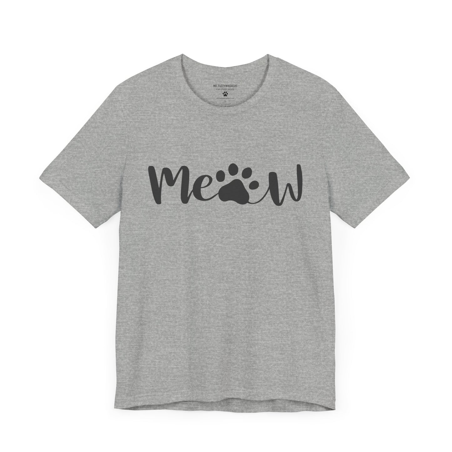 Meow Script T-Shirt – Minimalist Cat Lover Tee with Paw Print | Mr. Fuzzywhiskers