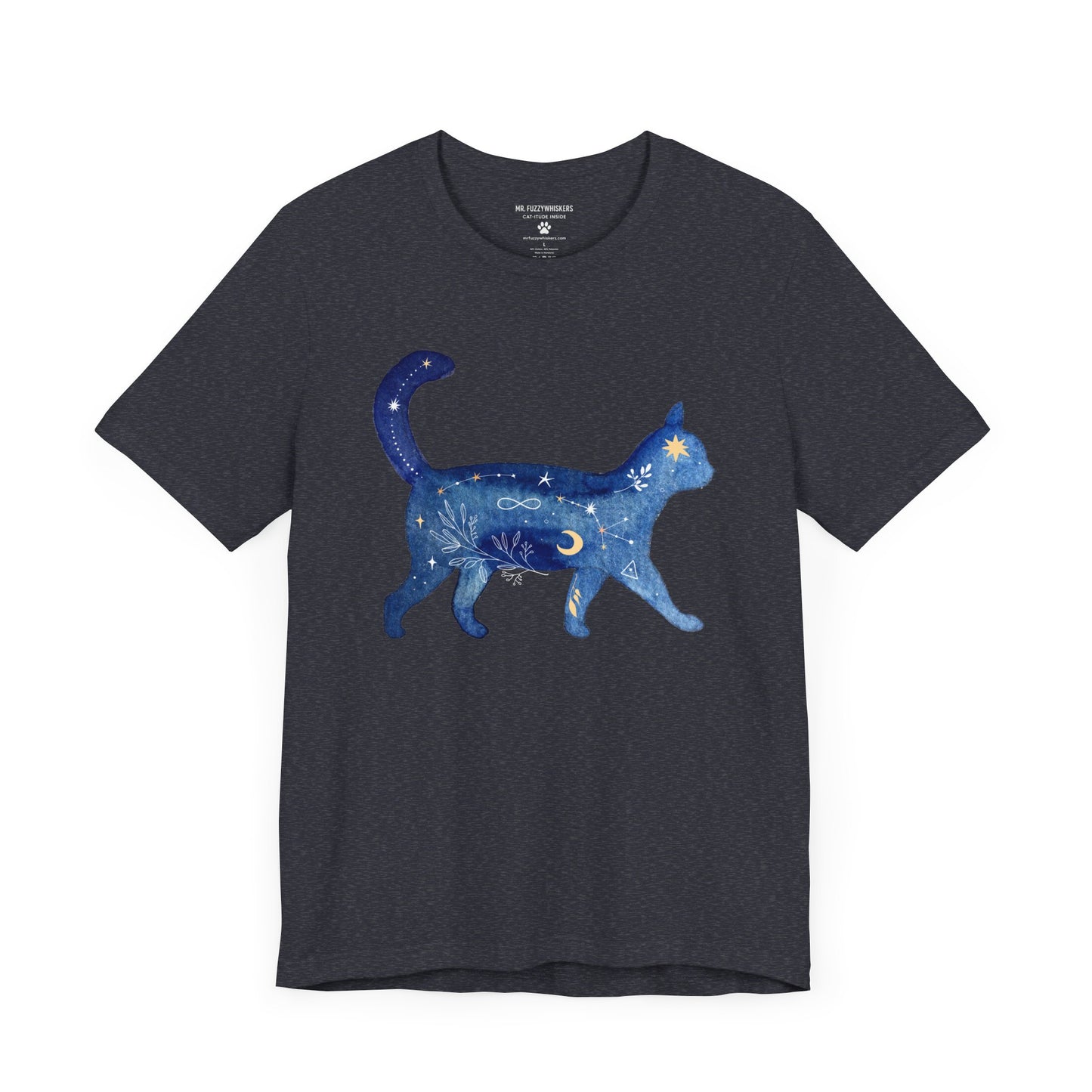 Blue Celestial Cat T-Shirt – Mystical Galaxy Cat Silhouette | Mr. Fuzzywhiskers