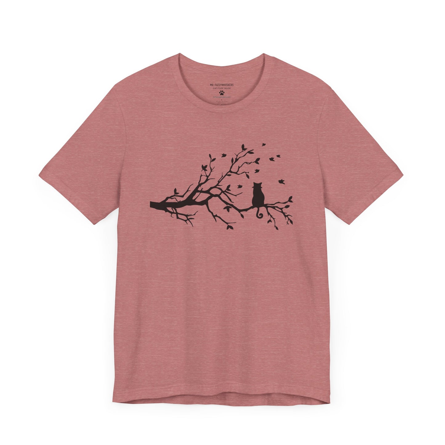Autumn Cat Silhouette T-Shirt – Cat on Tree Limb with Blowing Leaves | Mr. Fuzzywhiskers