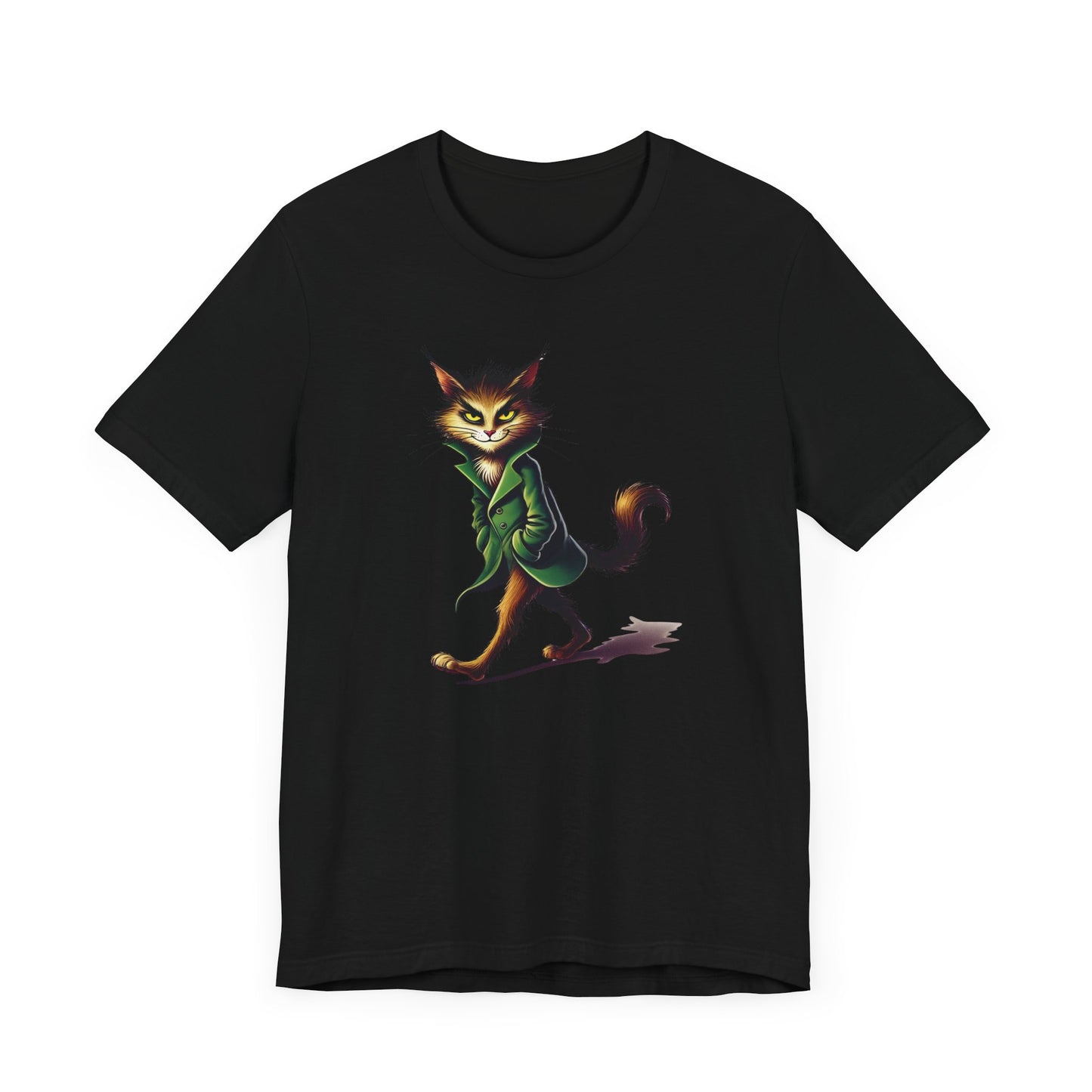 Cool Cat in Green Coat T-Shirt - Mysterious Feline Style