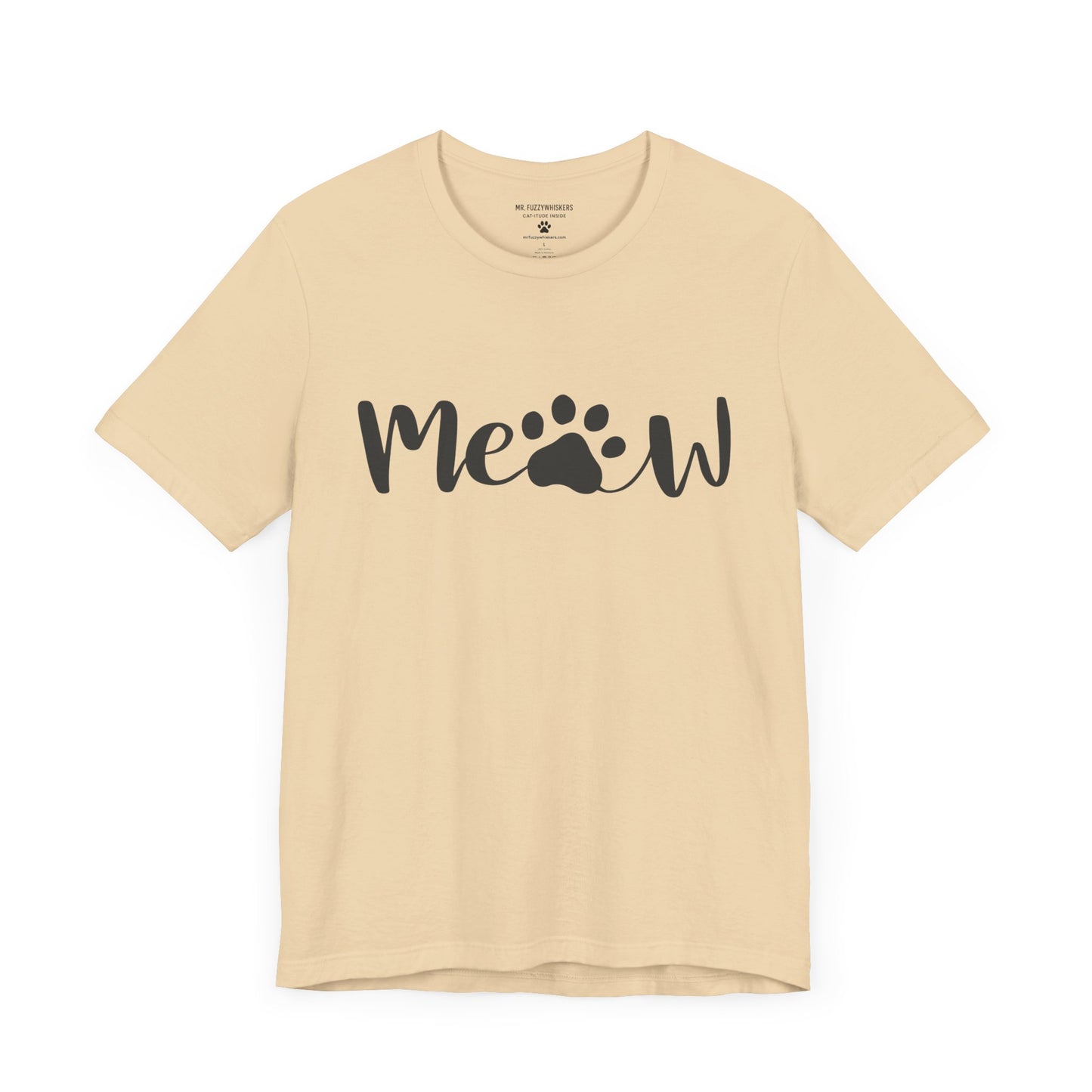 Meow Script T-Shirt – Minimalist Cat Lover Tee with Paw Print | Mr. Fuzzywhiskers