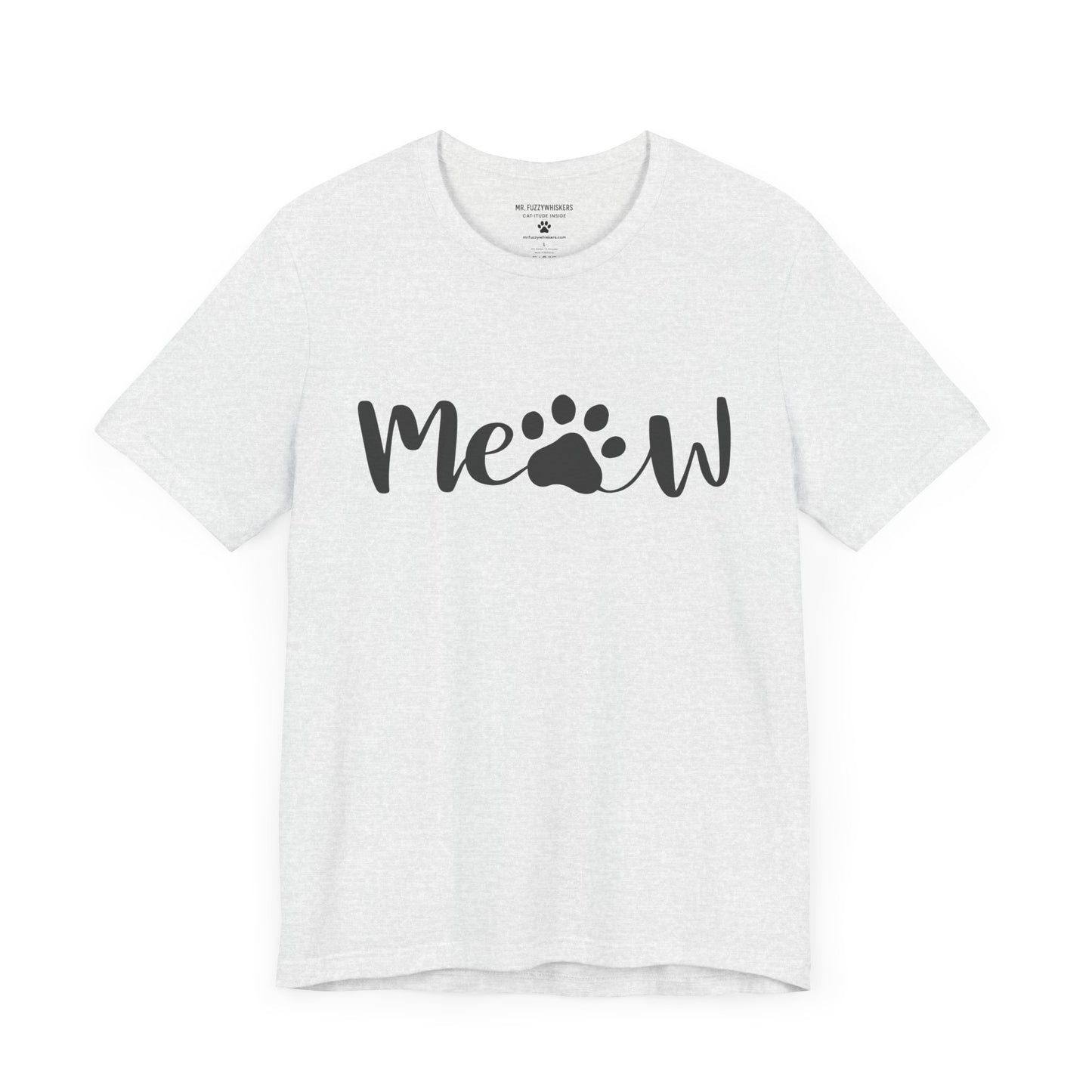 Meow Script T-Shirt – Minimalist Cat Lover Tee with Paw Print | Mr. Fuzzywhiskers