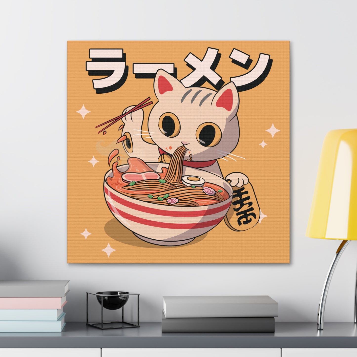 Ramen Cat with Lucky Token Canvas - Fun Japanese-Inspired Wall Art