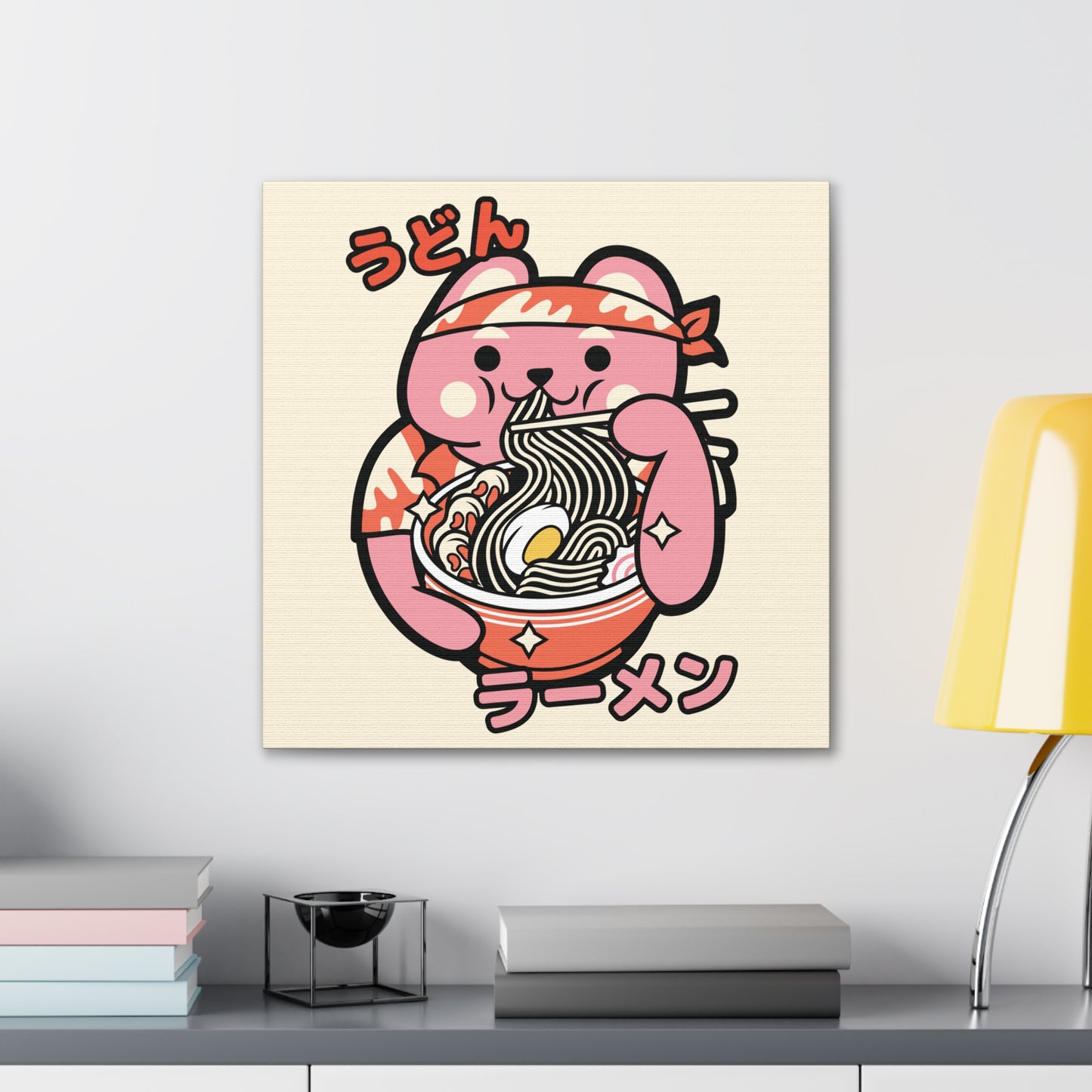 Bandana Cat Eating Ramen Canvas - Fun Japanese-Inspired Wall Art