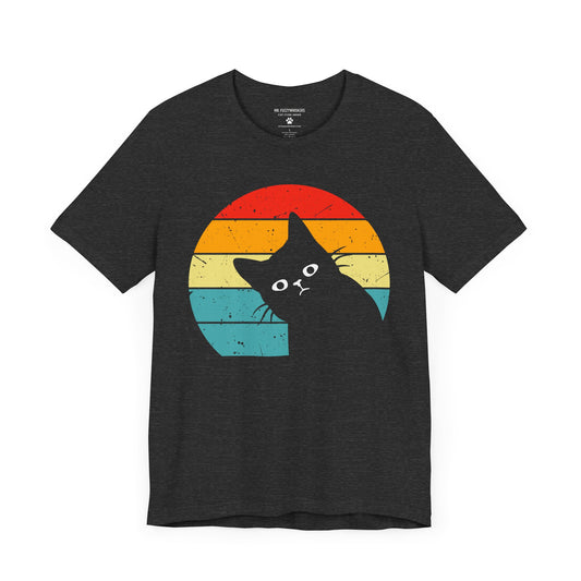 Retro Cat Peek T-Shirt – Funny Tilted Cat with Vintage Sunset Design | Mr. Fuzzywhiskers