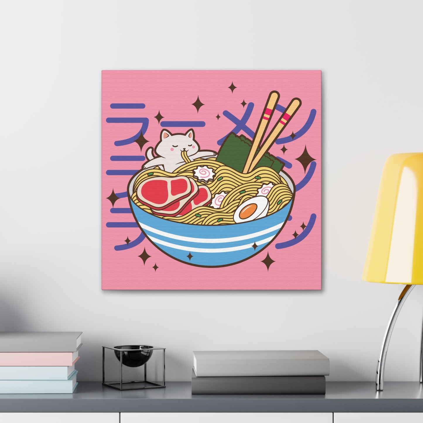 Cat in Ramen Bowl Canvas - Whimsical Japanese-Inspired Wall Art