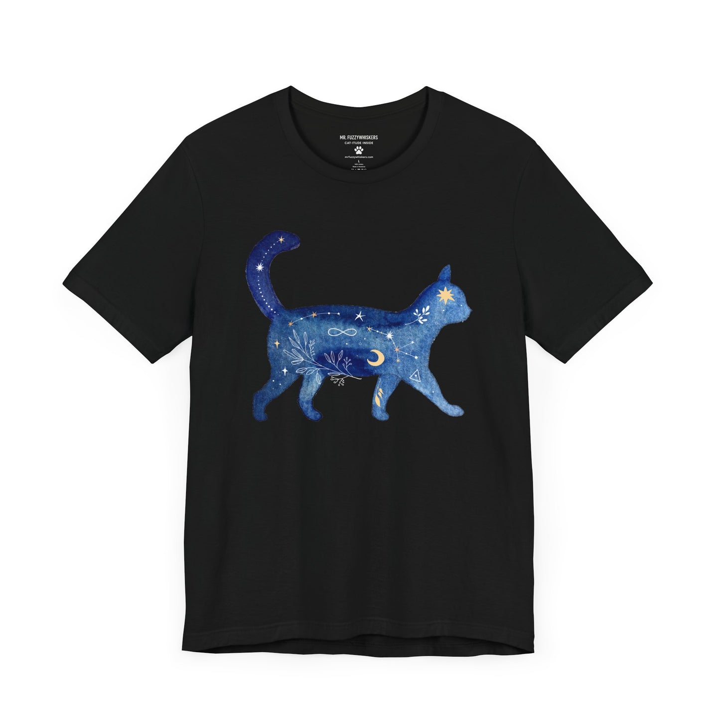 Blue Celestial Cat T-Shirt – Mystical Galaxy Cat Silhouette | Mr. Fuzzywhiskers