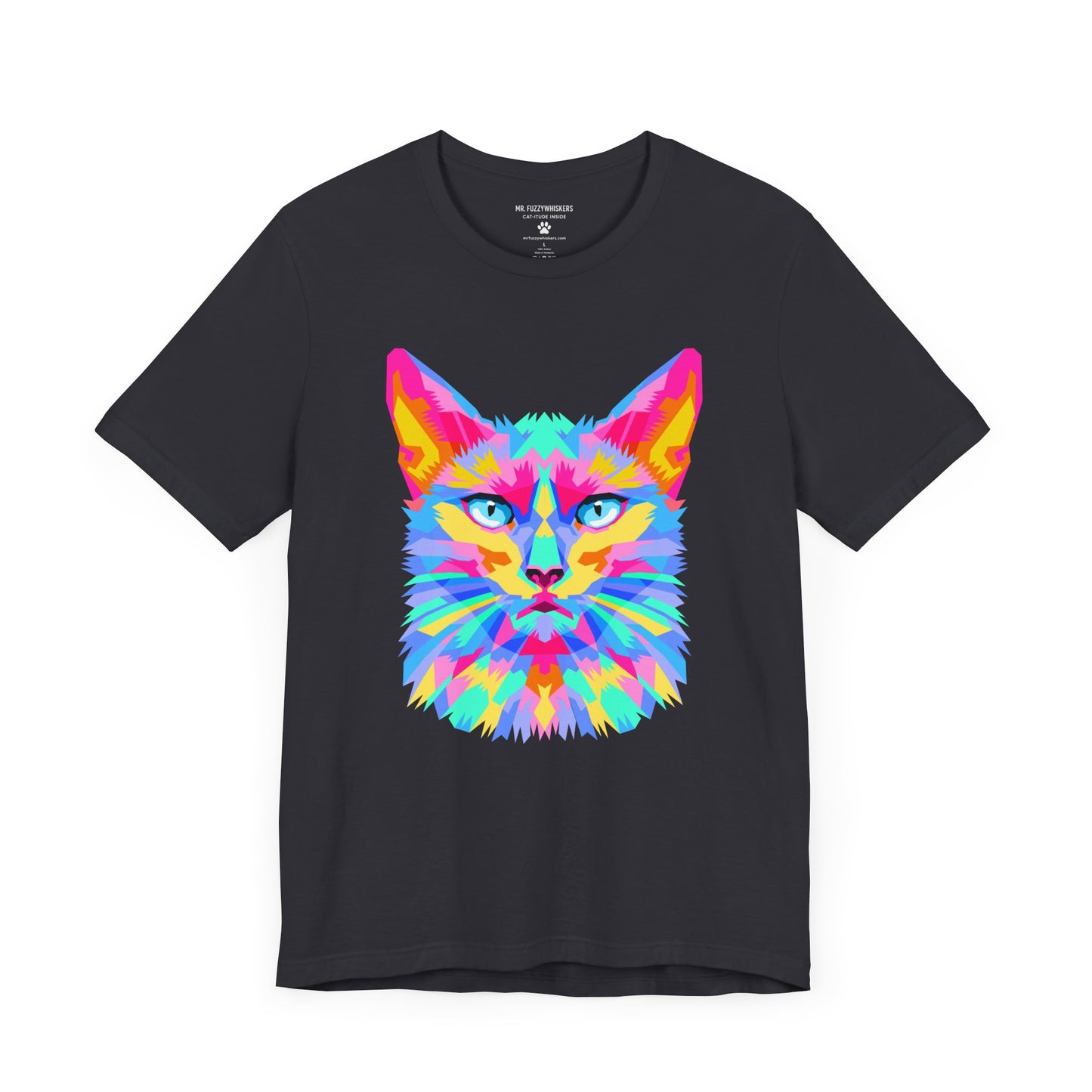Technicolor Cat Face T-Shirt – Bold Cubist Rainbow Cat Art | Mr. Fuzzywhiskers