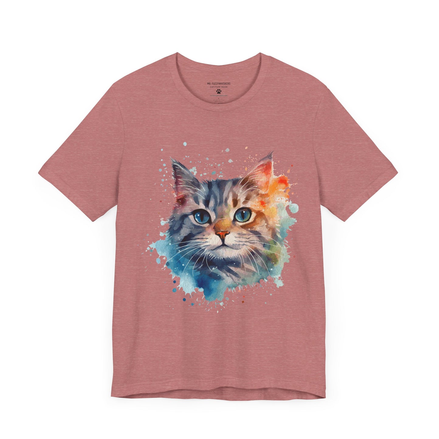 Watercolor Cat Face T-Shirt – Artistic Splash Print for Cat Lovers | Mr. Fuzzywhiskers