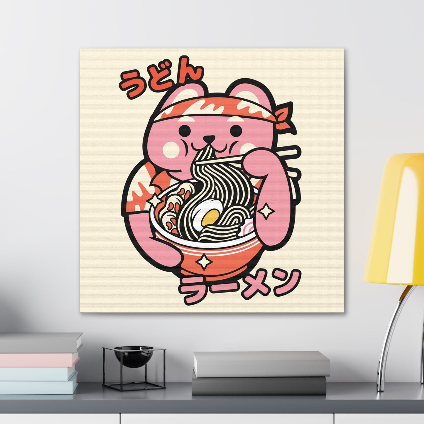 Bandana Cat Eating Ramen Canvas - Fun Japanese-Inspired Wall Art