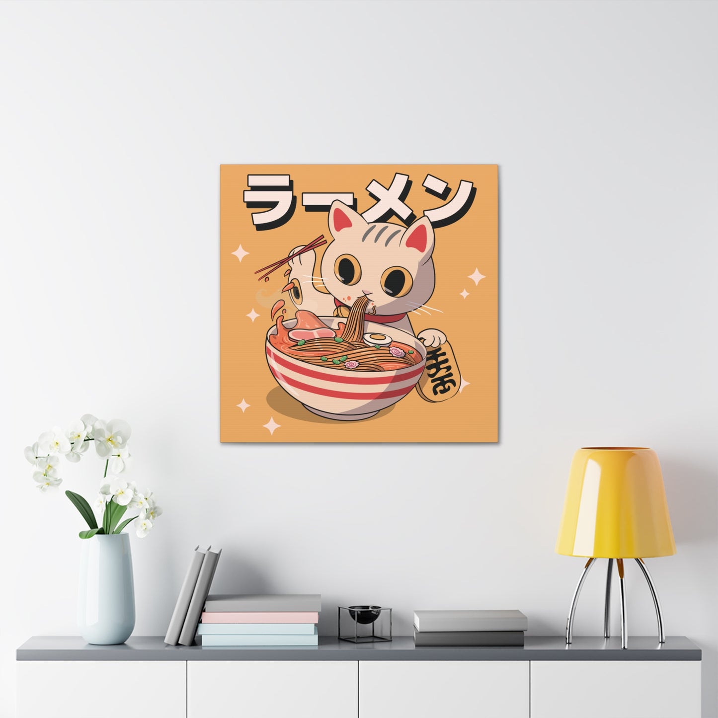 Ramen Cat with Lucky Token Canvas - Fun Japanese-Inspired Wall Art