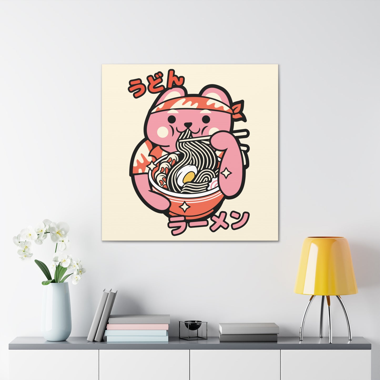 Bandana Cat Eating Ramen Canvas - Fun Japanese-Inspired Wall Art