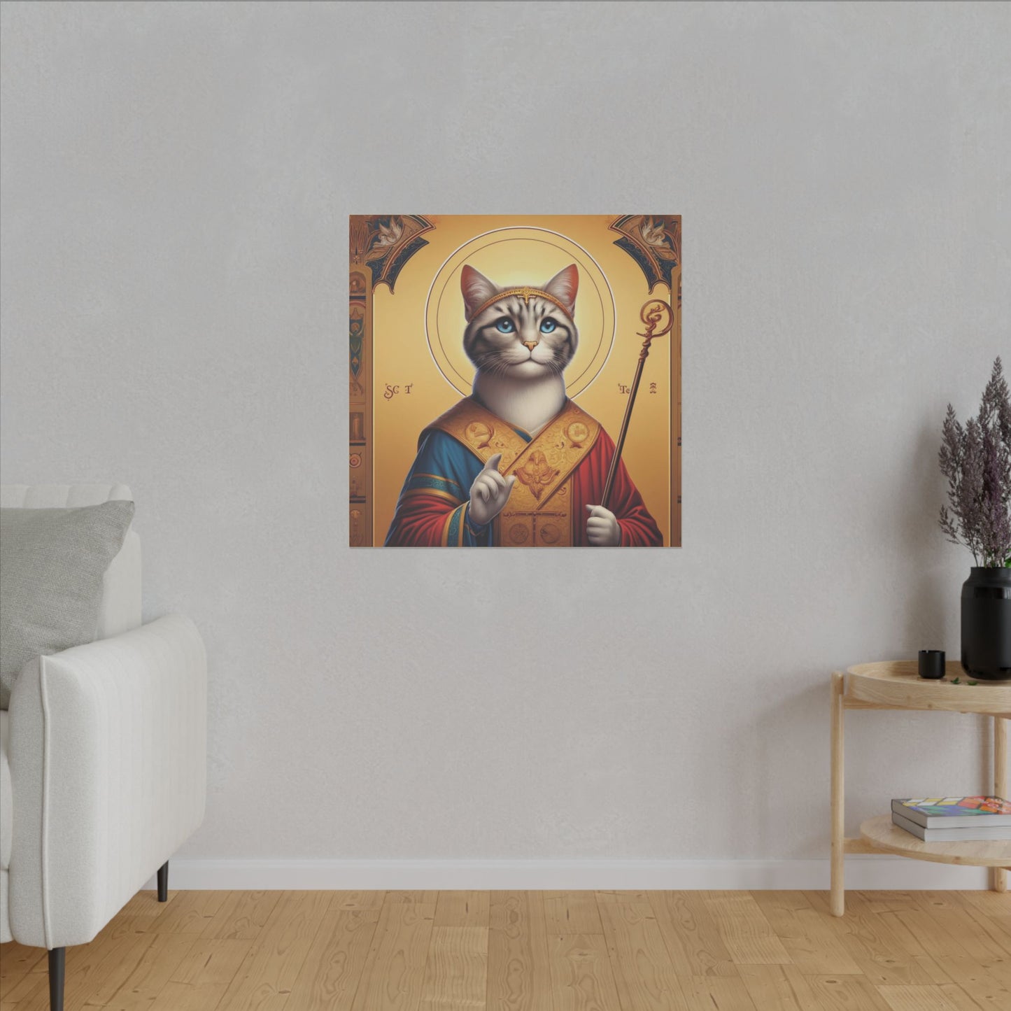 Golden Cat Saint Canvas - Elegant Feline-Inspired Sacred Art