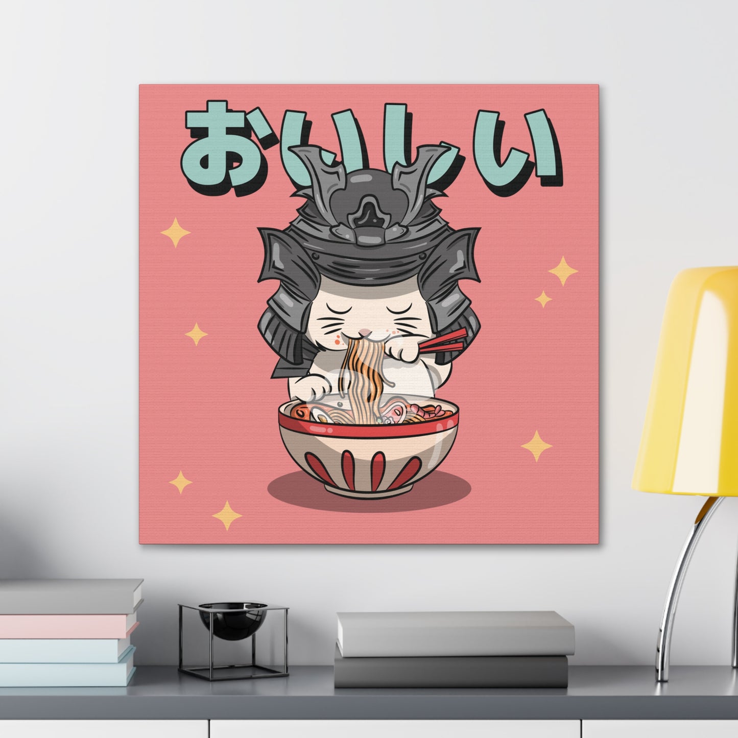 Samurai Cat Eating Ramen Canvas - Japanese-Inspired Wall Art