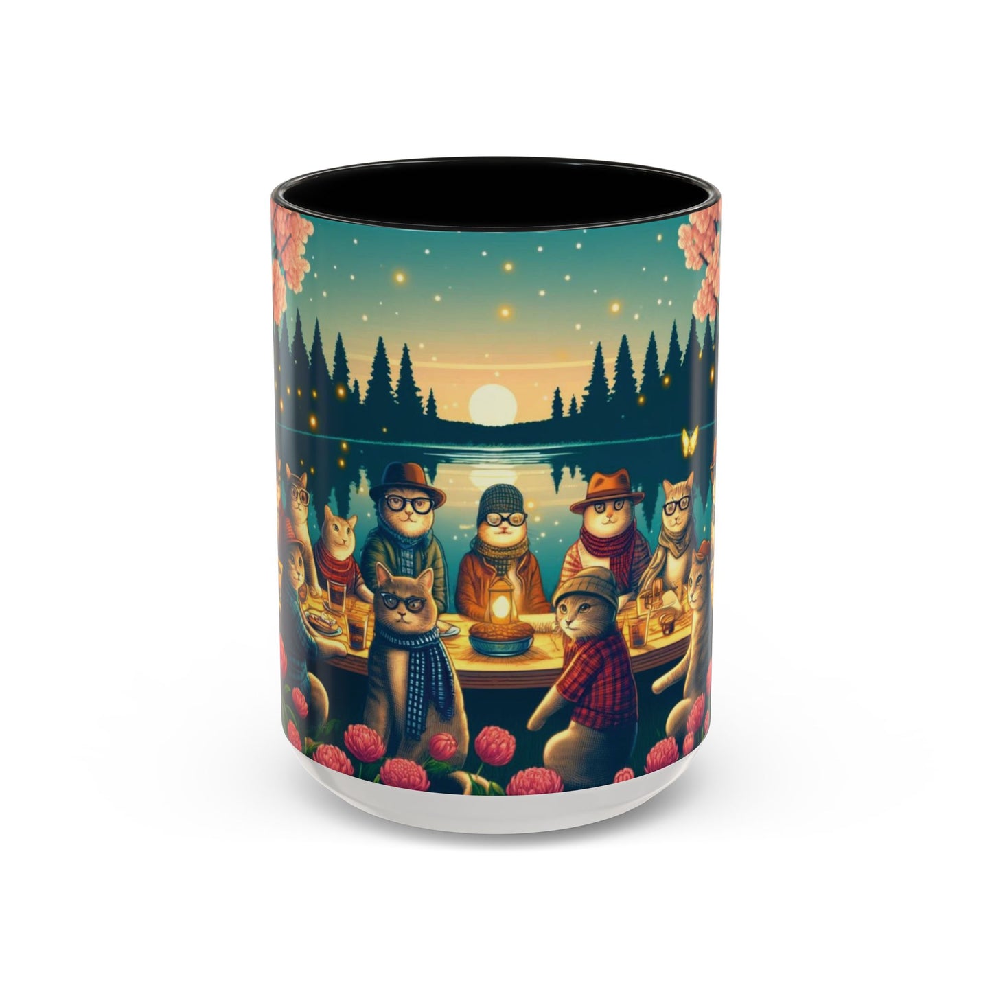 Cozy Cats at Sunset Mug - Charming Feline Gathering in Five Color Options