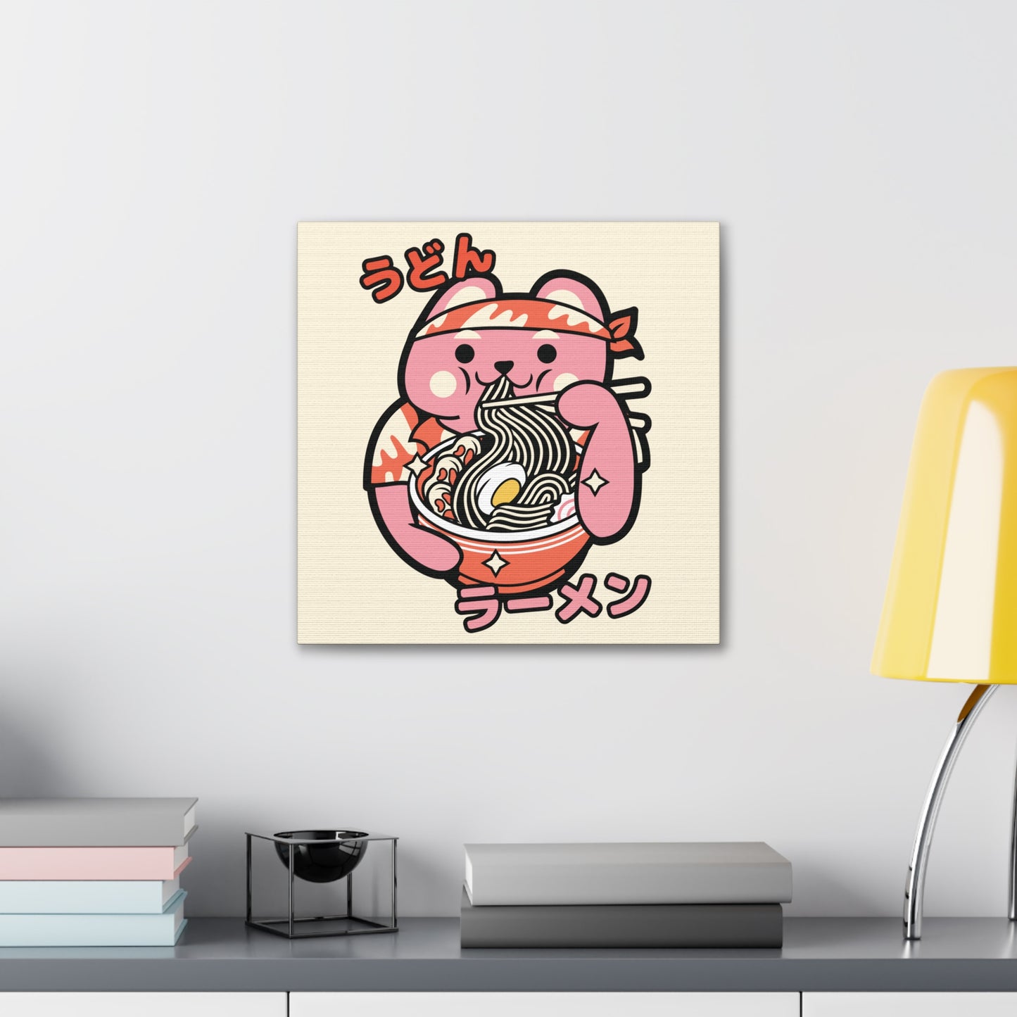 Bandana Cat Eating Ramen Canvas - Fun Japanese-Inspired Wall Art