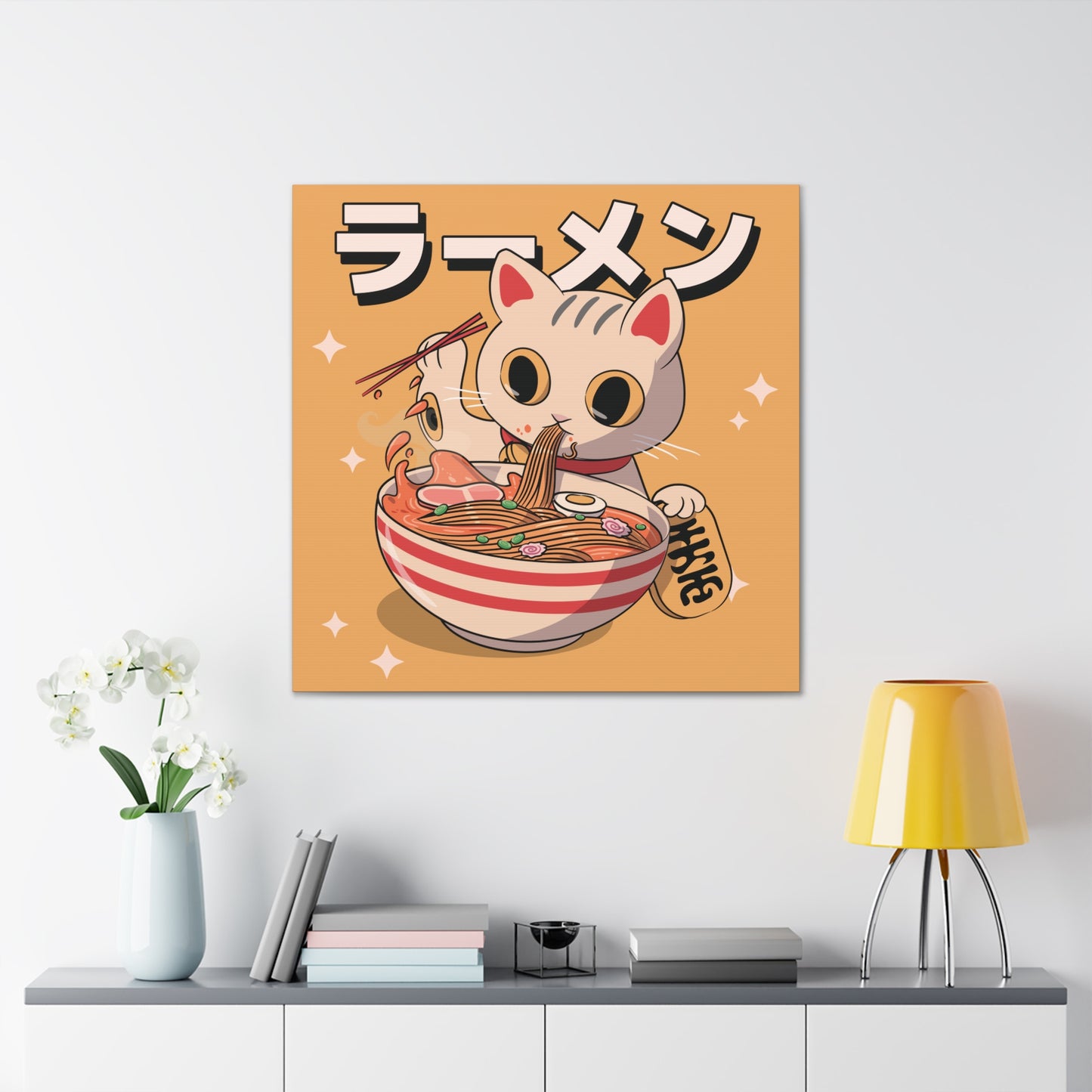 Ramen Cat with Lucky Token Canvas - Fun Japanese-Inspired Wall Art