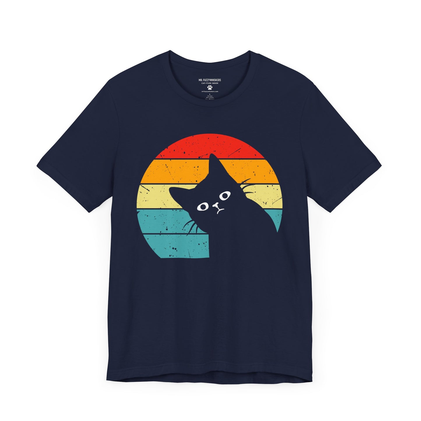 Retro Cat Peek T-Shirt – Funny Tilted Cat with Vintage Sunset Design | Mr. Fuzzywhiskers