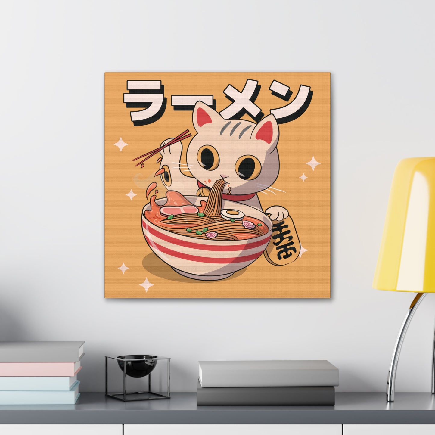 Ramen Cat with Lucky Token Canvas - Fun Japanese-Inspired Wall Art