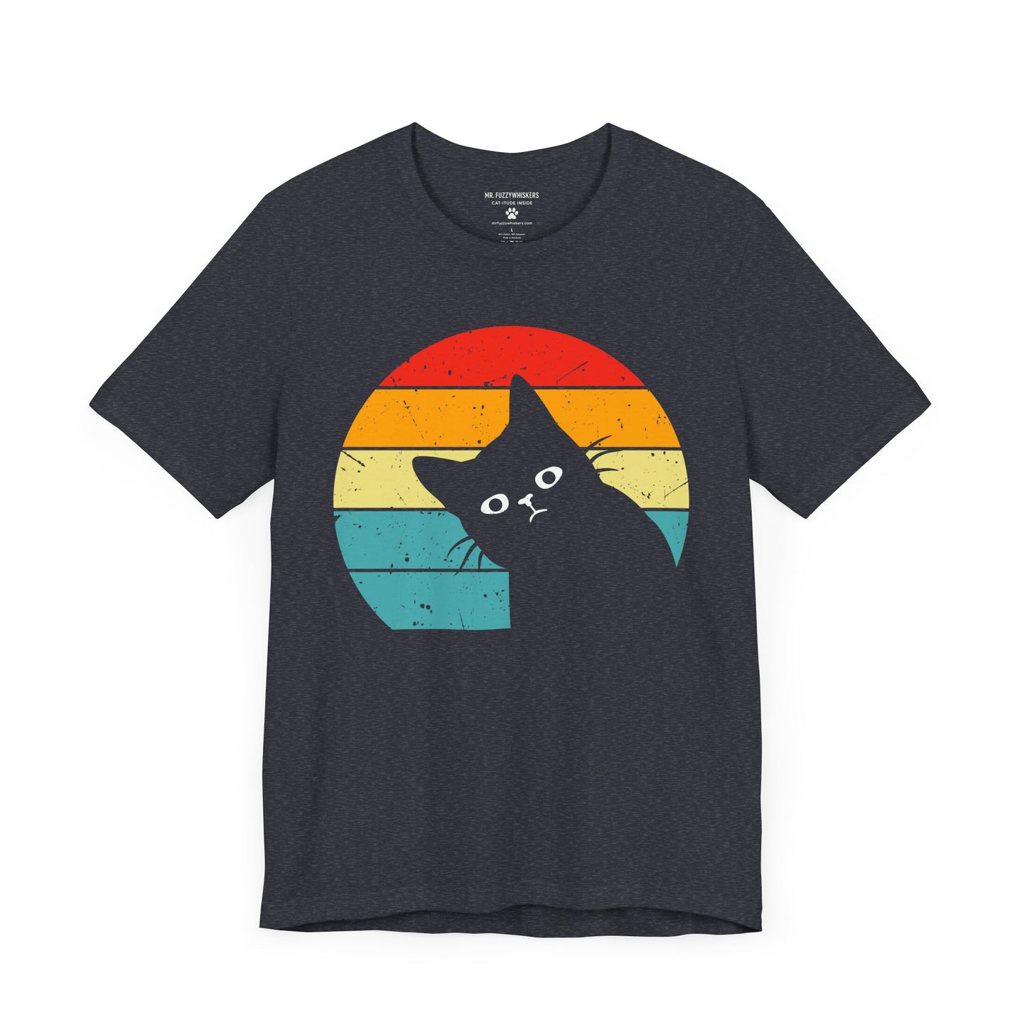 Retro Cat Peek T-Shirt – Funny Tilted Cat with Vintage Sunset Design | Mr. Fuzzywhiskers