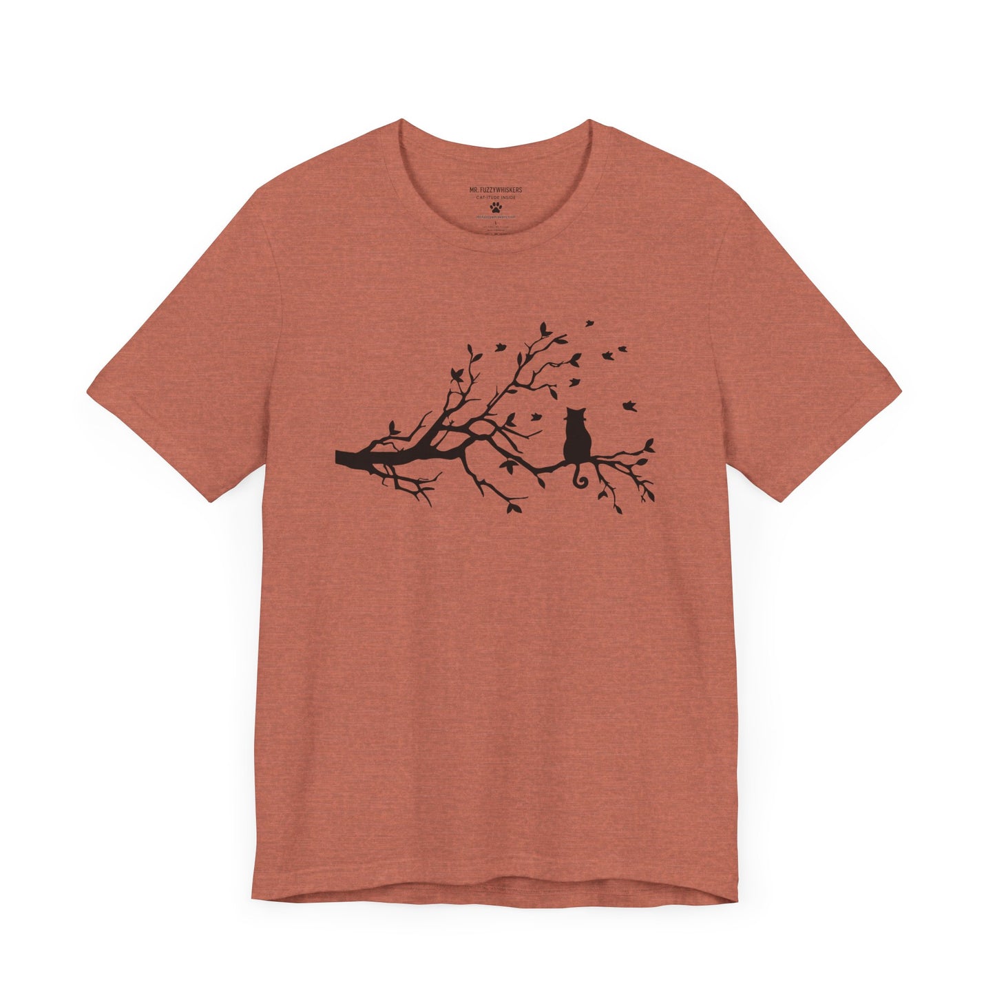Autumn Cat Silhouette T-Shirt – Cat on Tree Limb with Blowing Leaves | Mr. Fuzzywhiskers