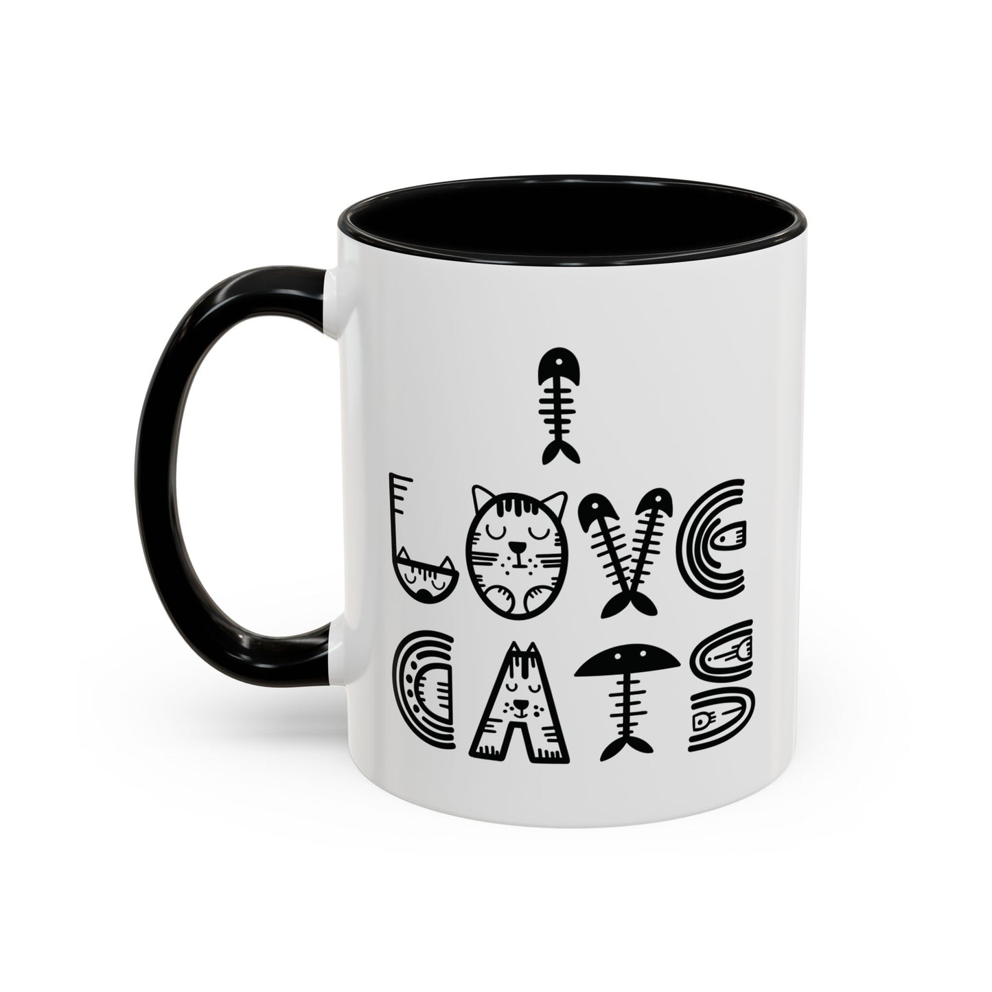 I Love Cats Mug - Fun Cat-Themed Design with Fishbone Accents