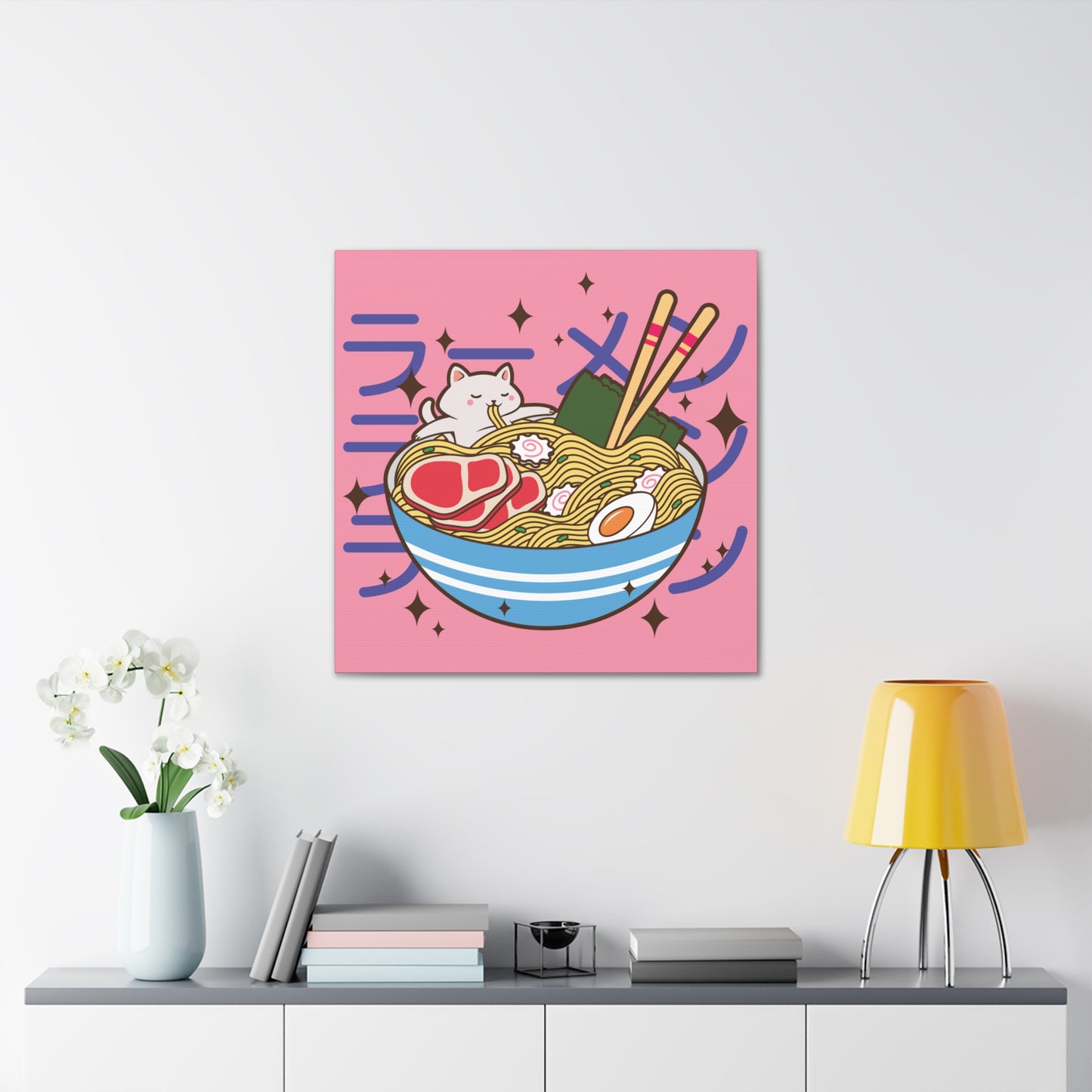 Cat in Ramen Bowl Canvas - Whimsical Japanese-Inspired Wall Art