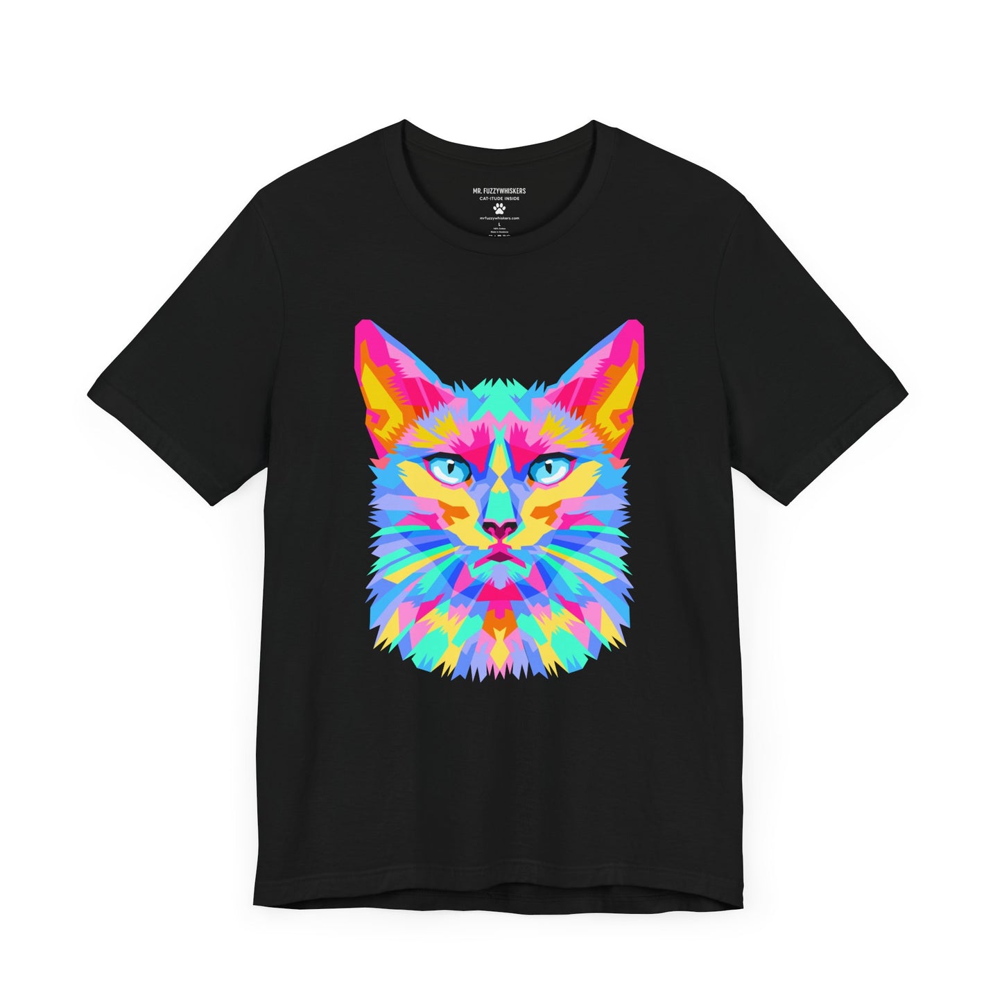 Technicolor Cat Face T-Shirt – Bold Cubist Rainbow Cat Art | Mr. Fuzzywhiskers