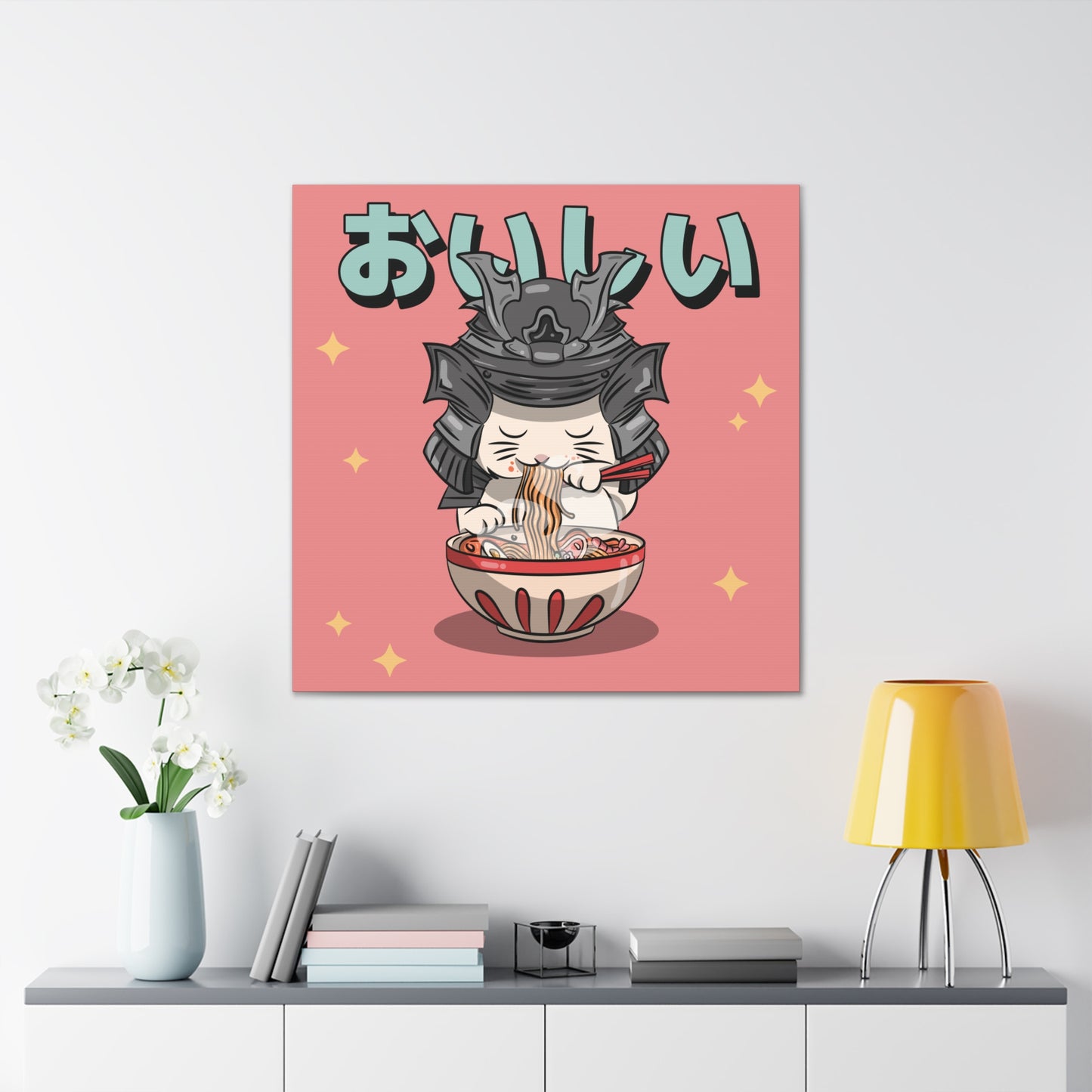 Samurai Cat Eating Ramen Canvas - Japanese-Inspired Wall Art