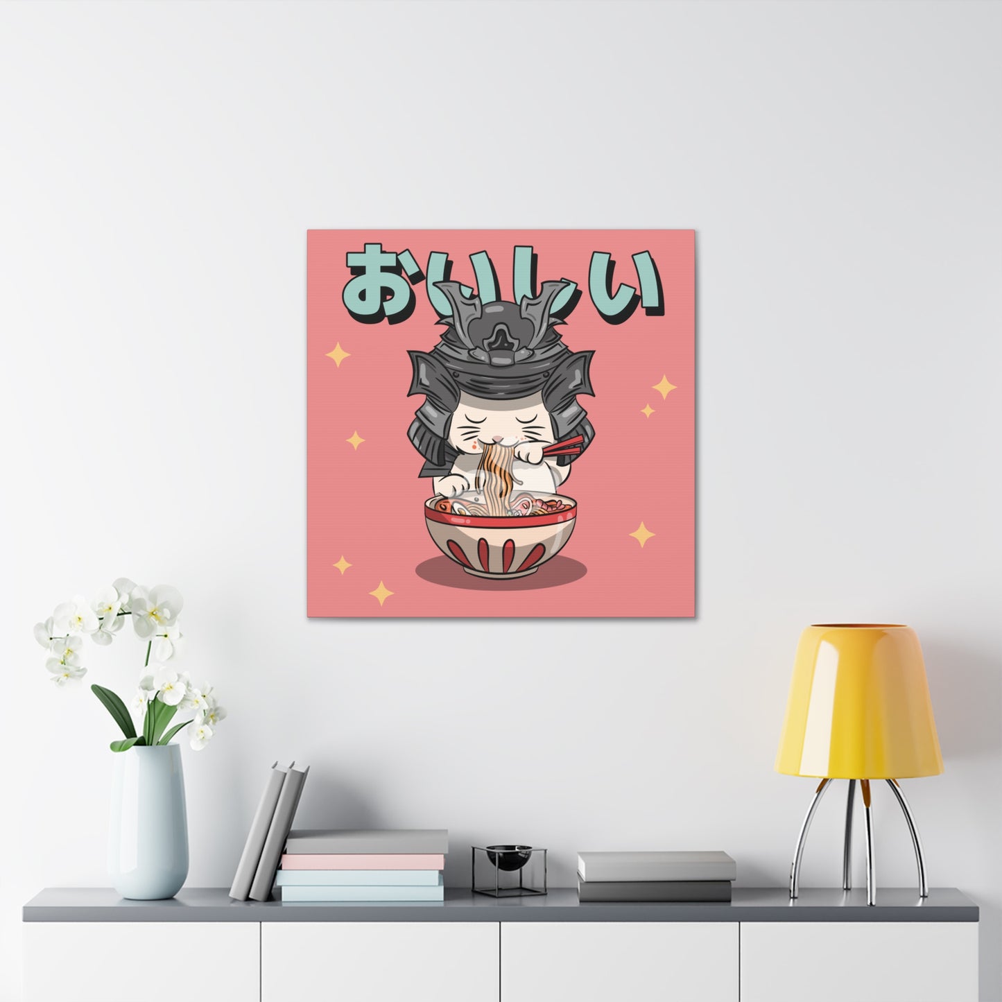 Samurai Cat Eating Ramen Canvas - Japanese-Inspired Wall Art