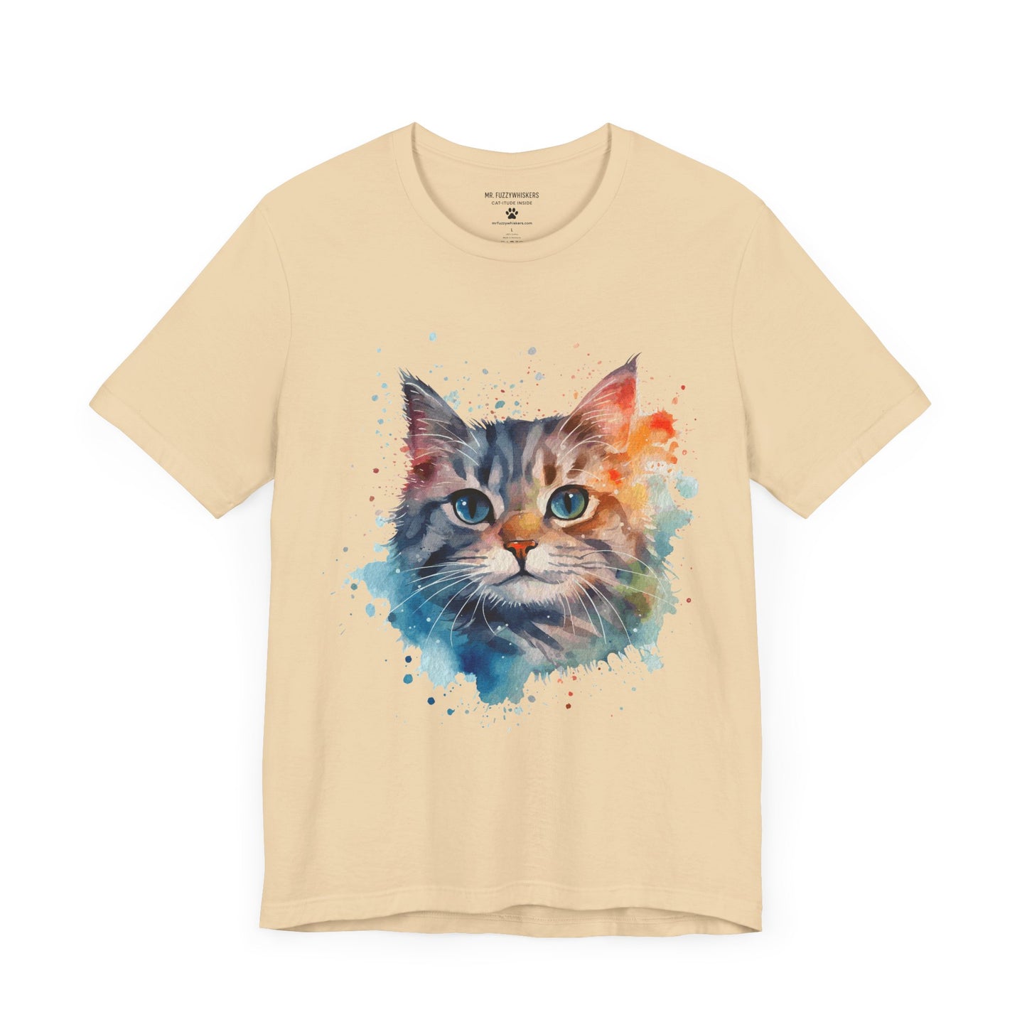 Watercolor Cat Face T-Shirt – Artistic Splash Print for Cat Lovers | Mr. Fuzzywhiskers