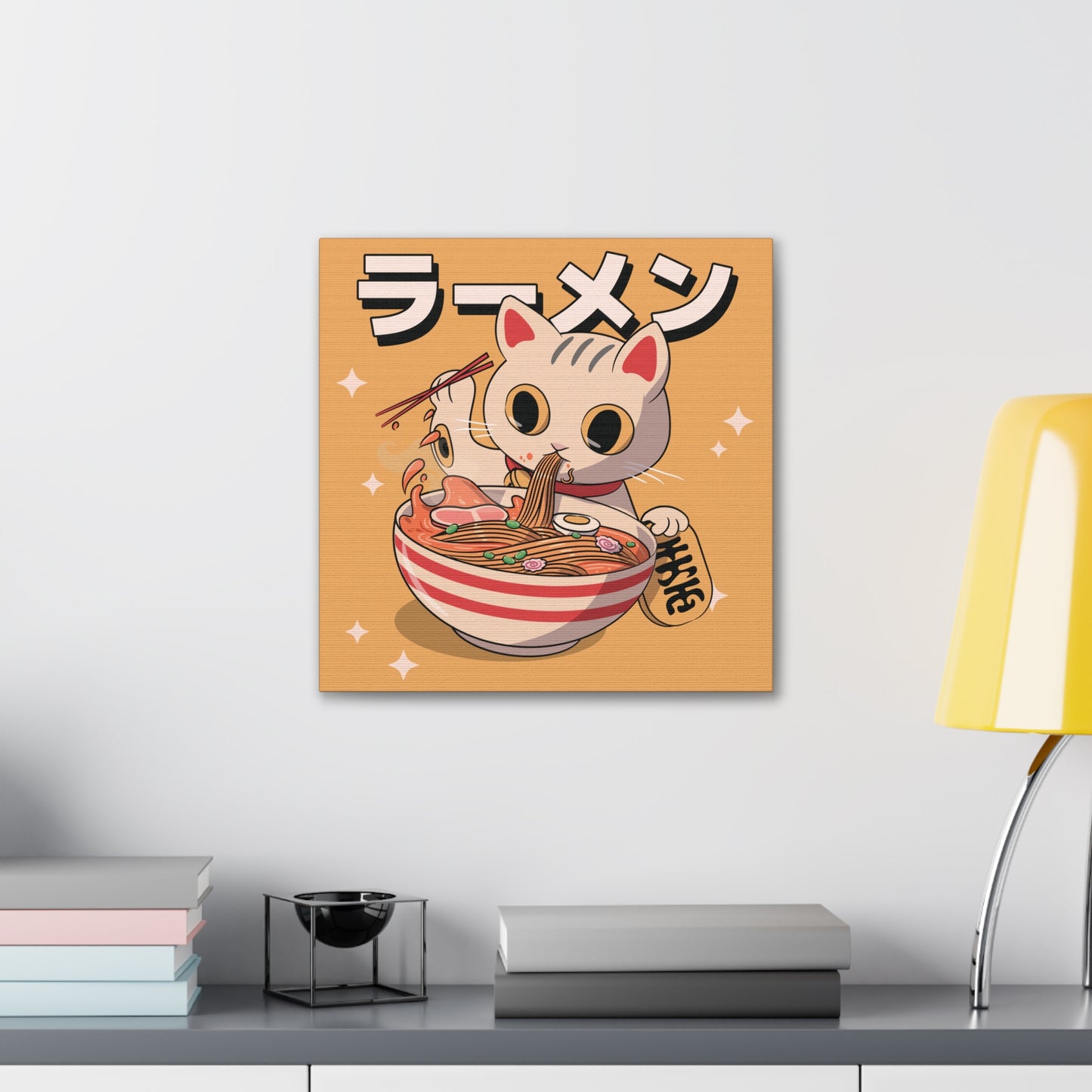 Ramen Cat with Lucky Token Canvas - Fun Japanese-Inspired Wall Art