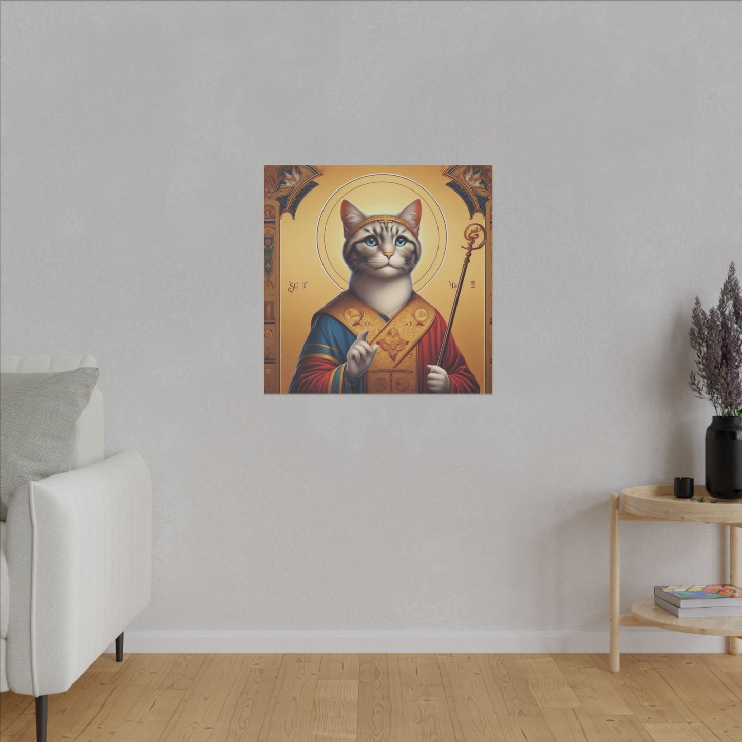 Golden Cat Saint Canvas - Elegant Feline-Inspired Sacred Art