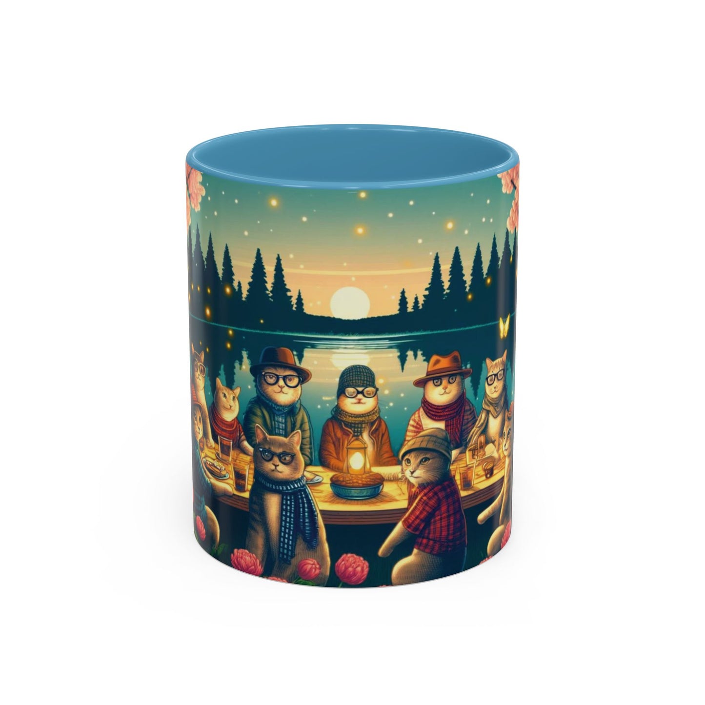 Cozy Cats at Sunset Mug - Charming Feline Gathering in Five Color Options