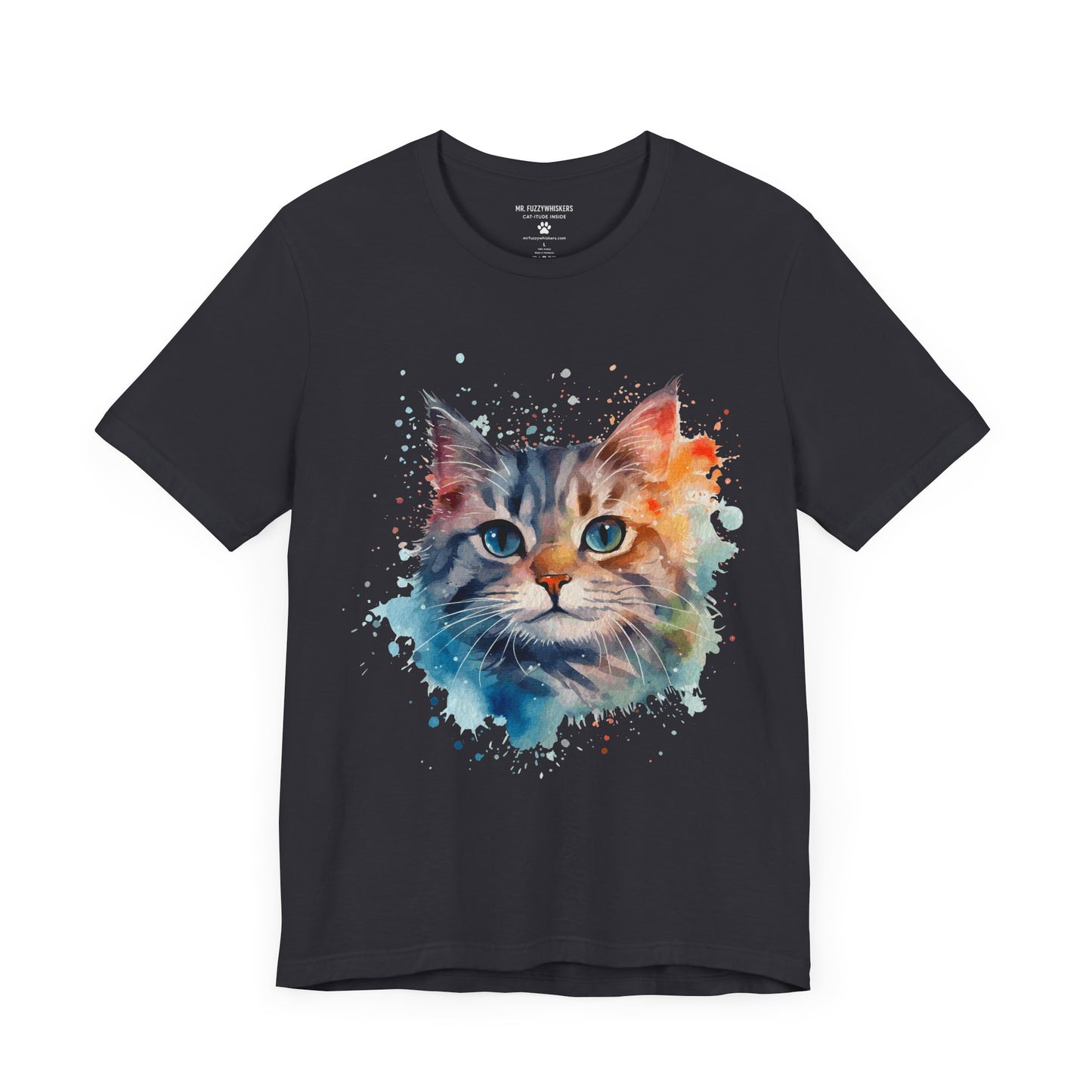 Watercolor Cat Face T-Shirt – Artistic Splash Print for Cat Lovers | Mr. Fuzzywhiskers