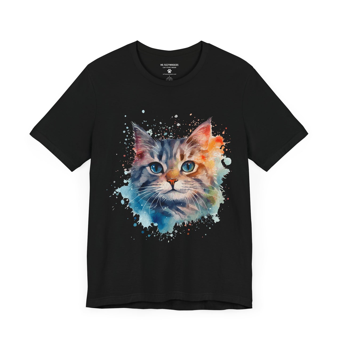 Watercolor Cat Face T-Shirt – Artistic Splash Print for Cat Lovers | Mr. Fuzzywhiskers