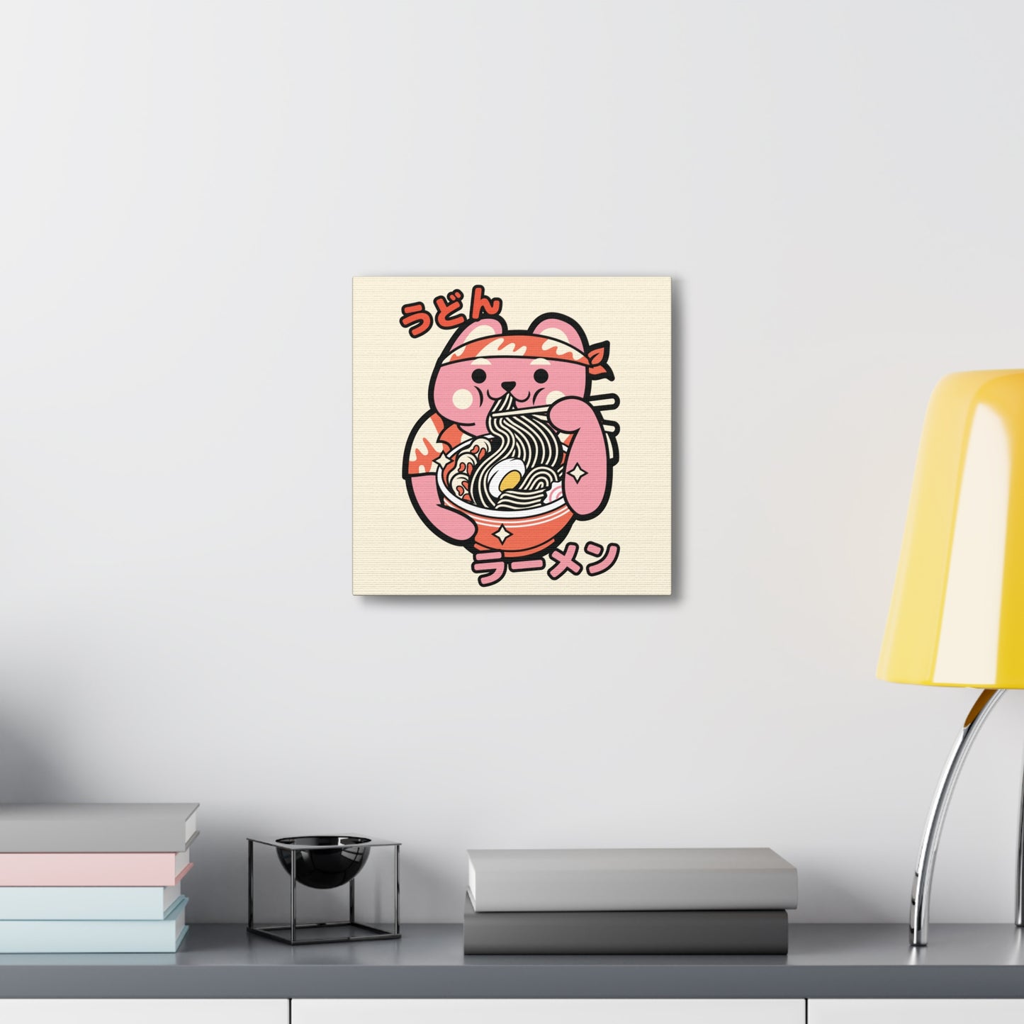 Bandana Cat Eating Ramen Canvas - Fun Japanese-Inspired Wall Art