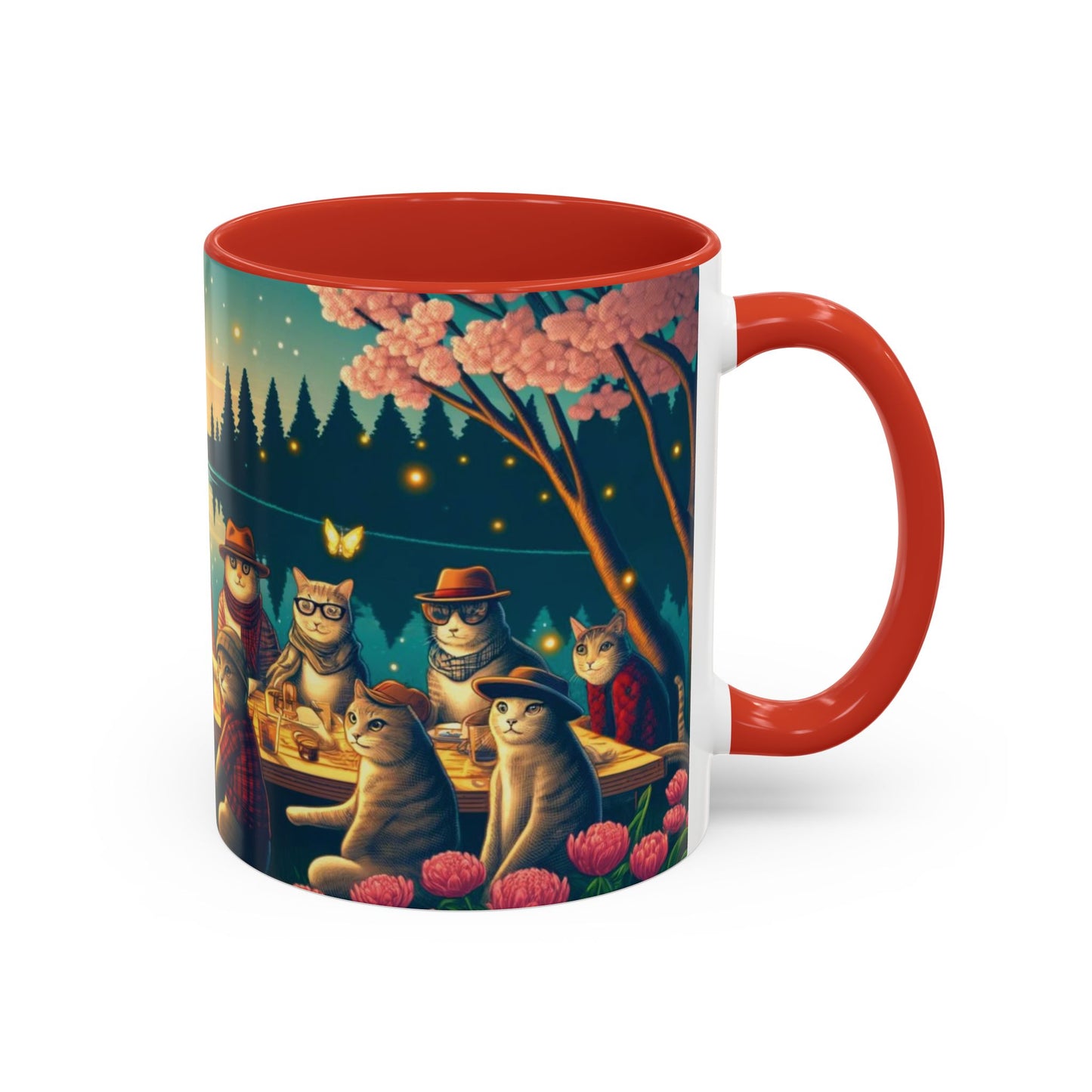 Cozy Cats at Sunset Mug - Charming Feline Gathering in Five Color Options