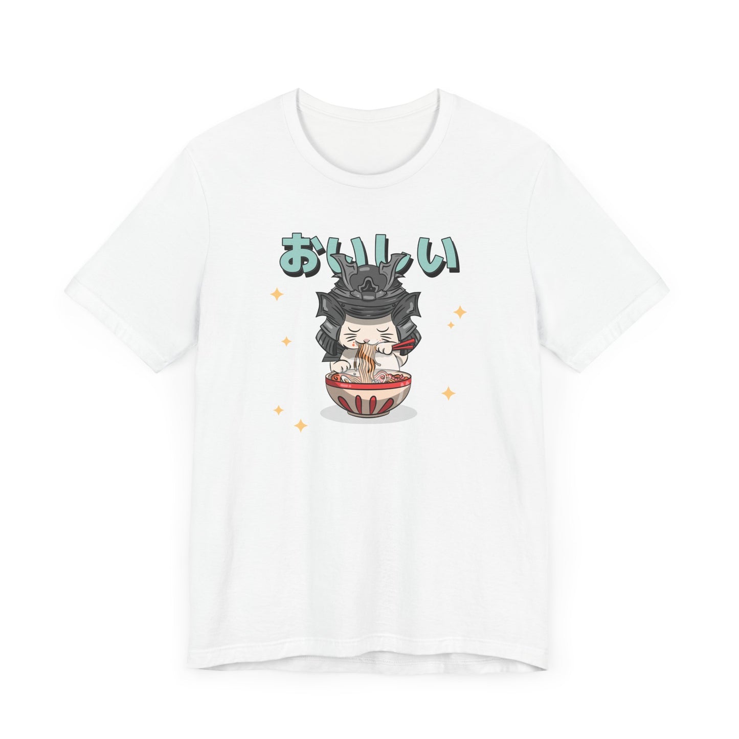 Samurai Cat Eating Ramen T-Shirt - Cute Japanese-Inspired Design