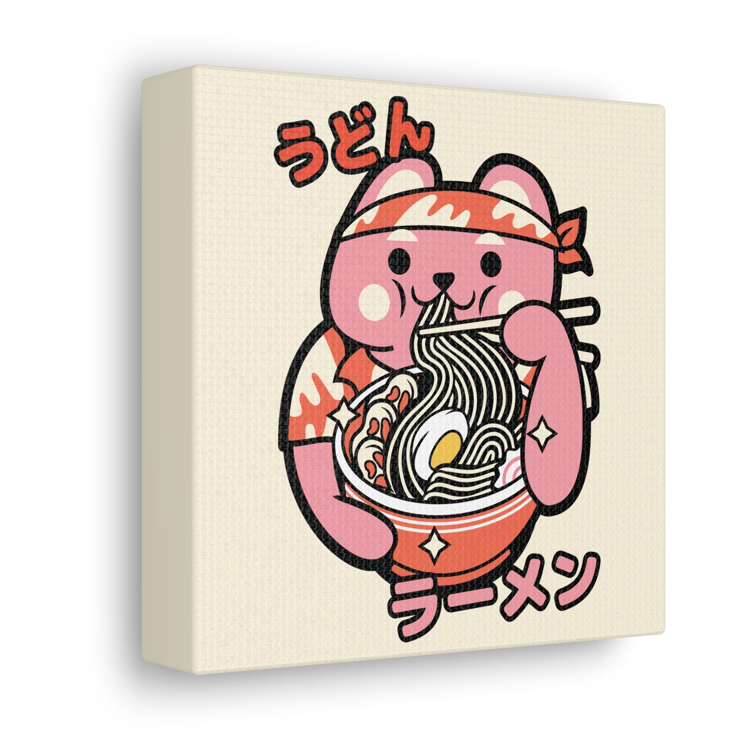 Bandana Cat Eating Ramen Canvas - Fun Japanese-Inspired Wall Art