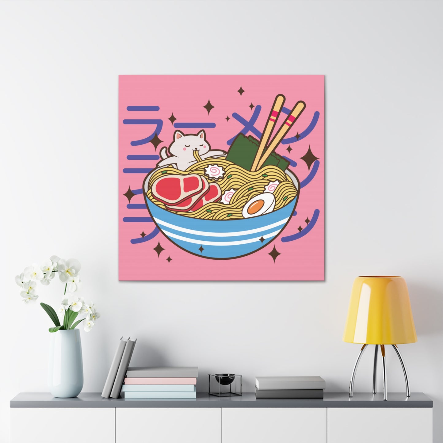 Cat in Ramen Bowl Canvas - Whimsical Japanese-Inspired Wall Art