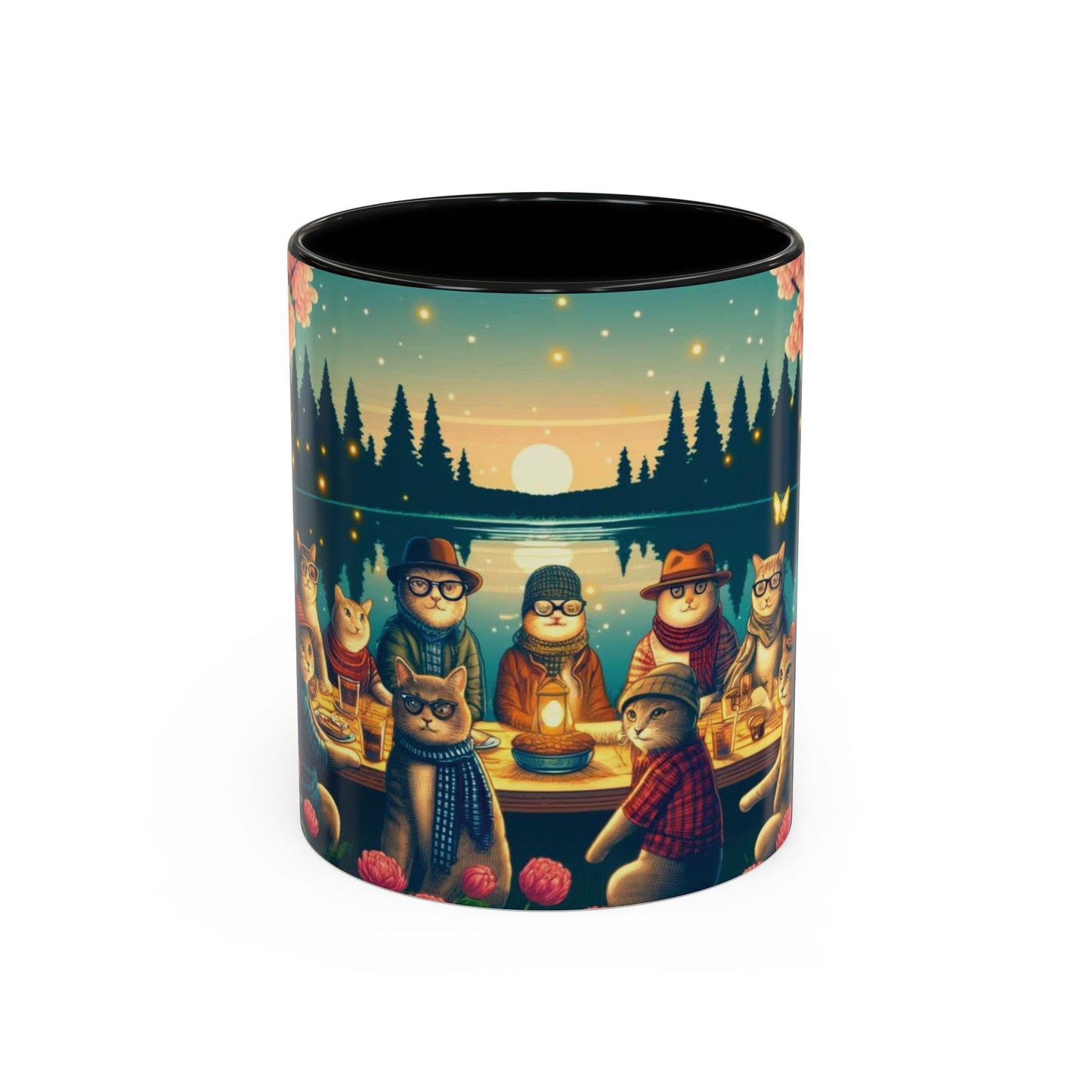 Cozy Cats at Sunset Mug - Charming Feline Gathering in Five Color Options