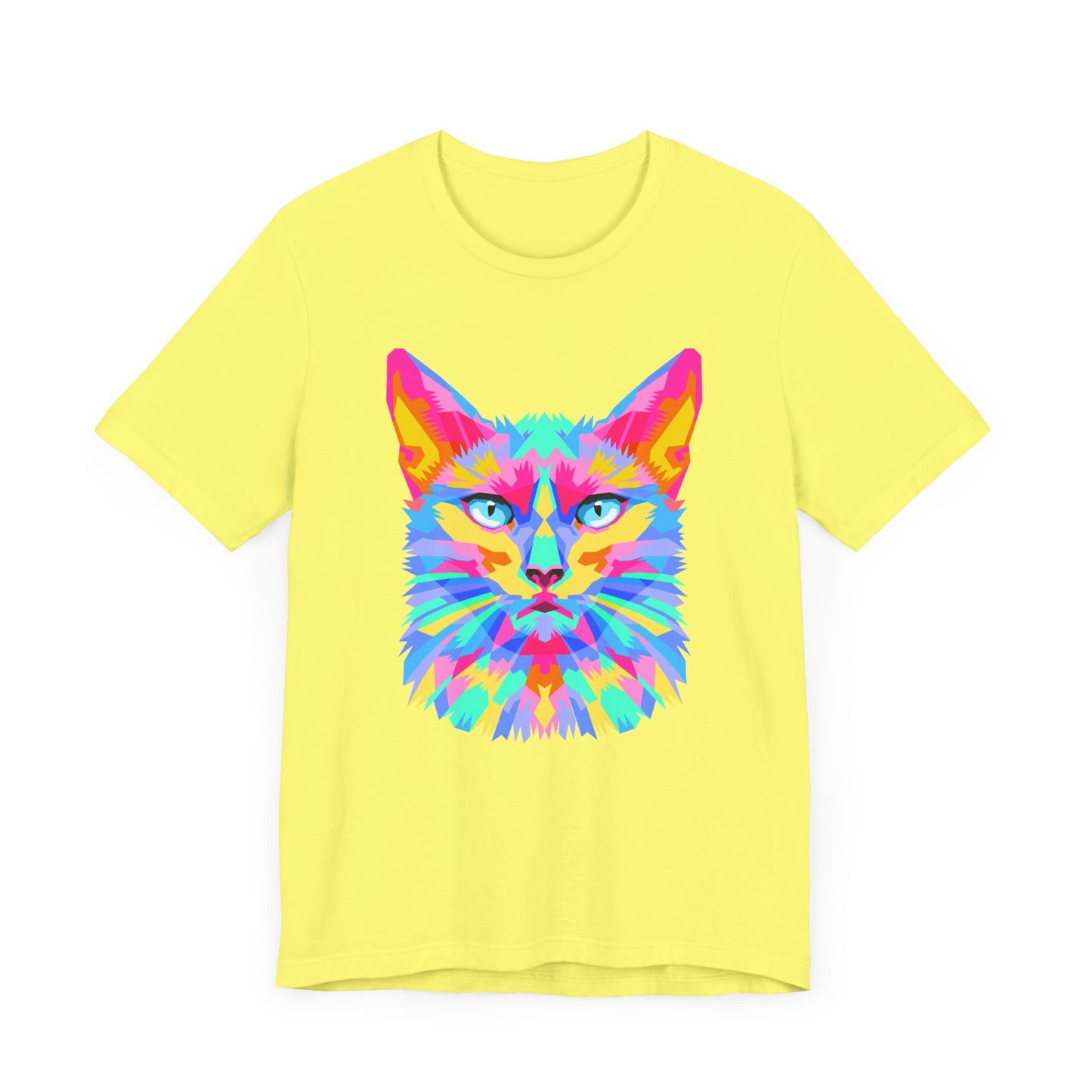 Technicolor Cat Face T-Shirt – Bold Cubist Rainbow Cat Art | Mr. Fuzzywhiskers
