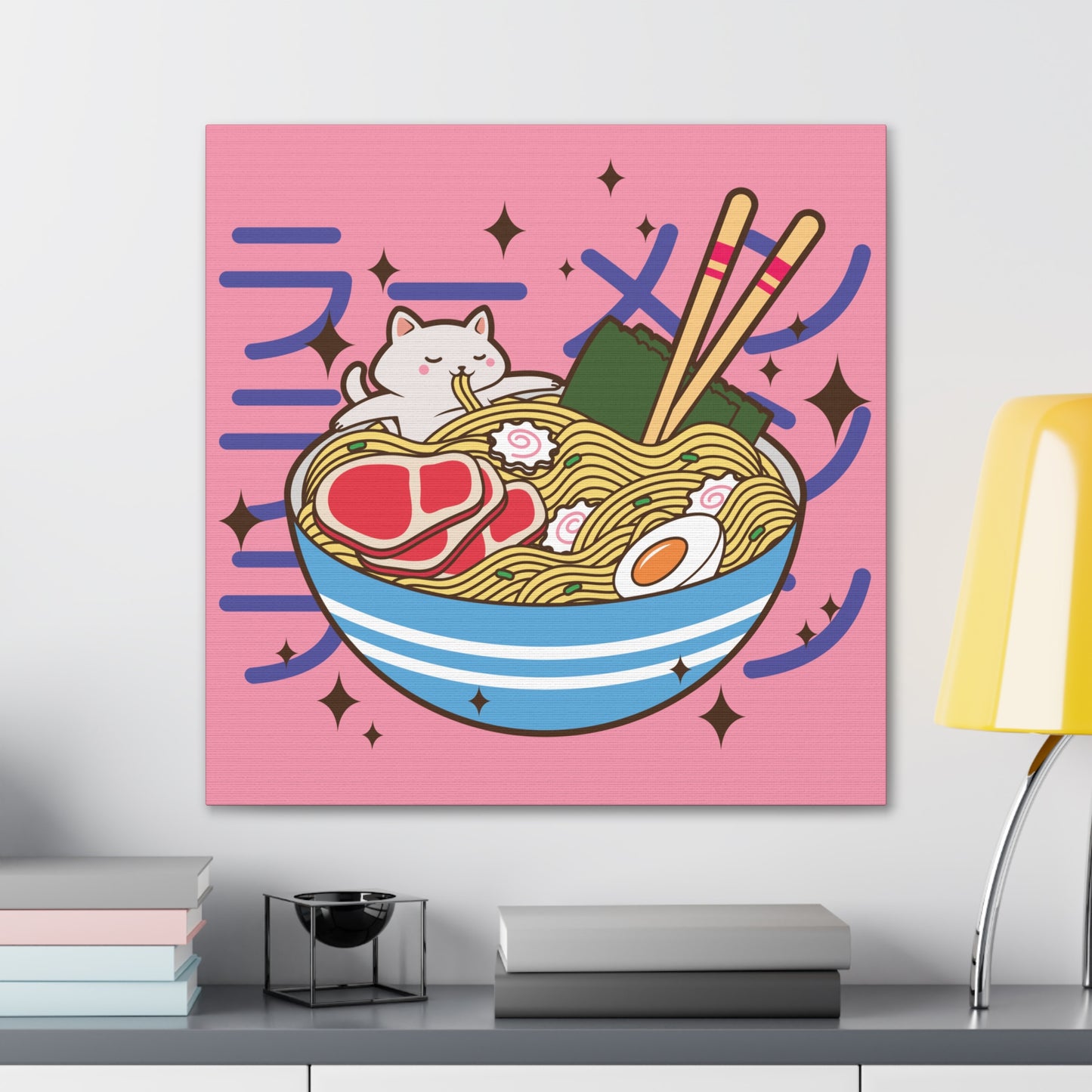 Cat in Ramen Bowl Canvas - Whimsical Japanese-Inspired Wall Art