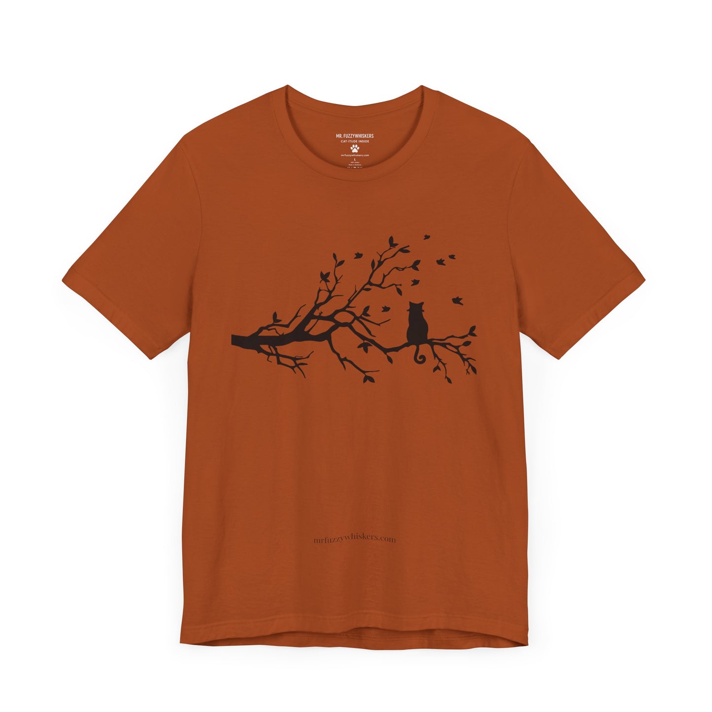 Autumn Cat Silhouette T-Shirt – Cat on Tree Limb with Blowing Leaves | Mr. Fuzzywhiskers