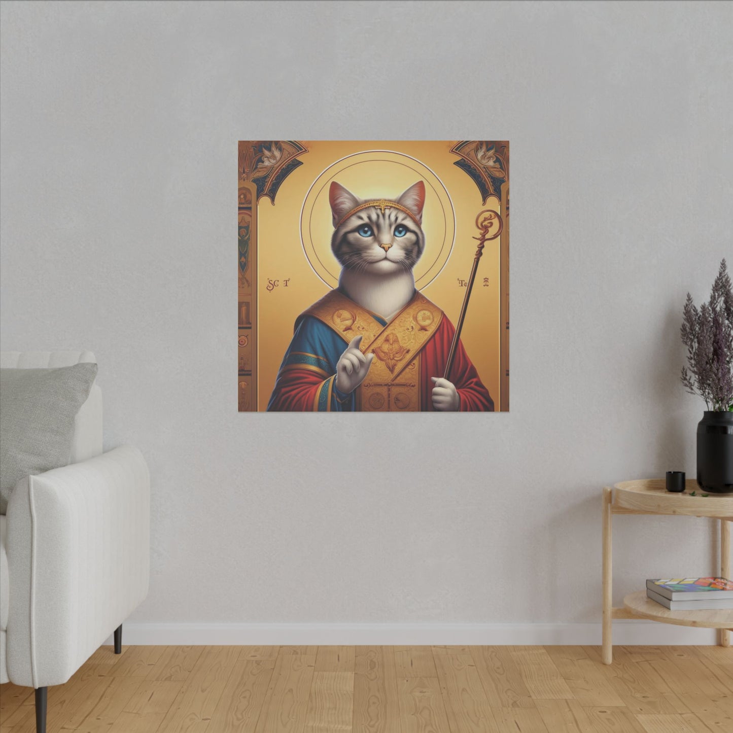 Golden Cat Saint Canvas - Elegant Feline-Inspired Sacred Art