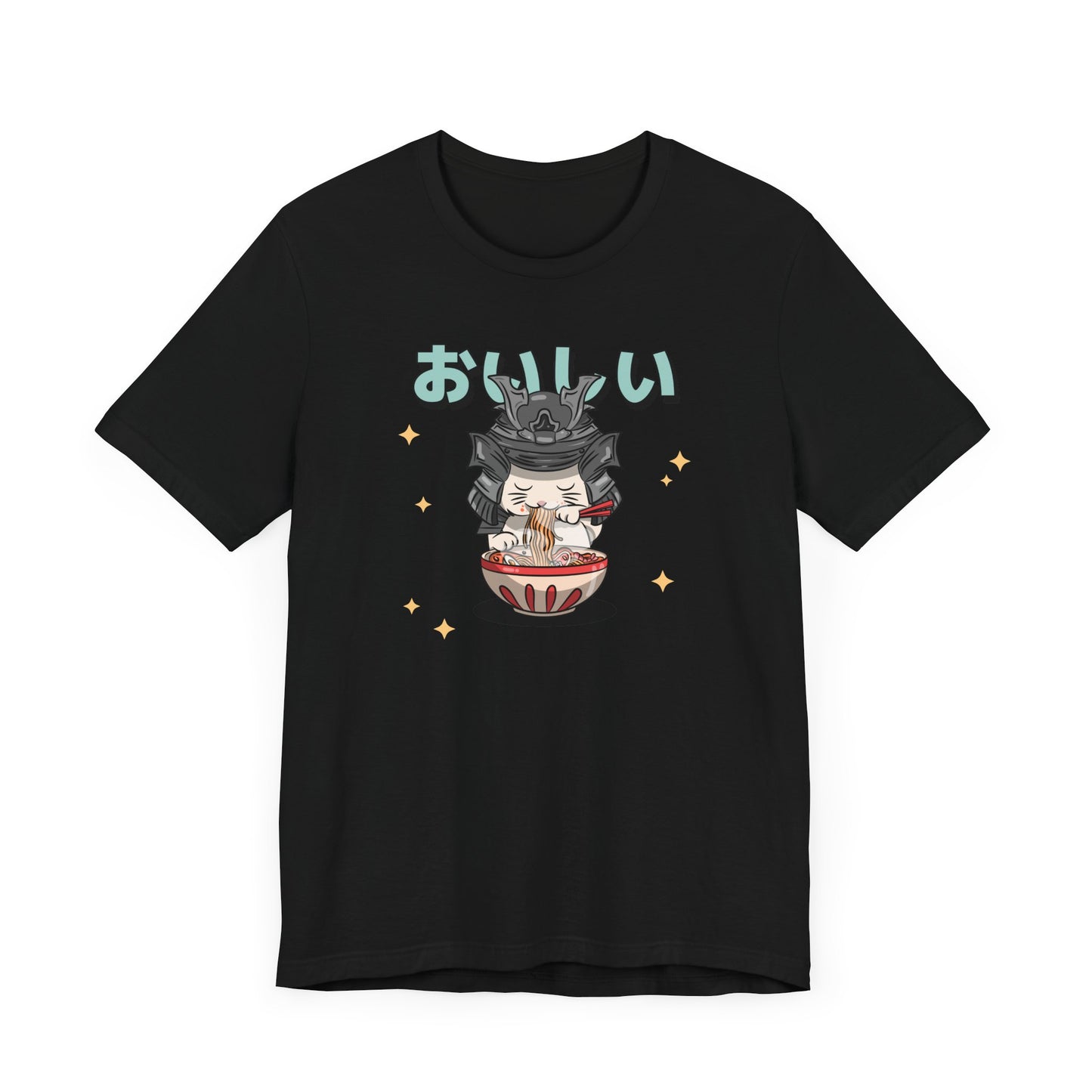 Samurai Cat Eating Ramen T-Shirt - Cute Japanese-Inspired Design