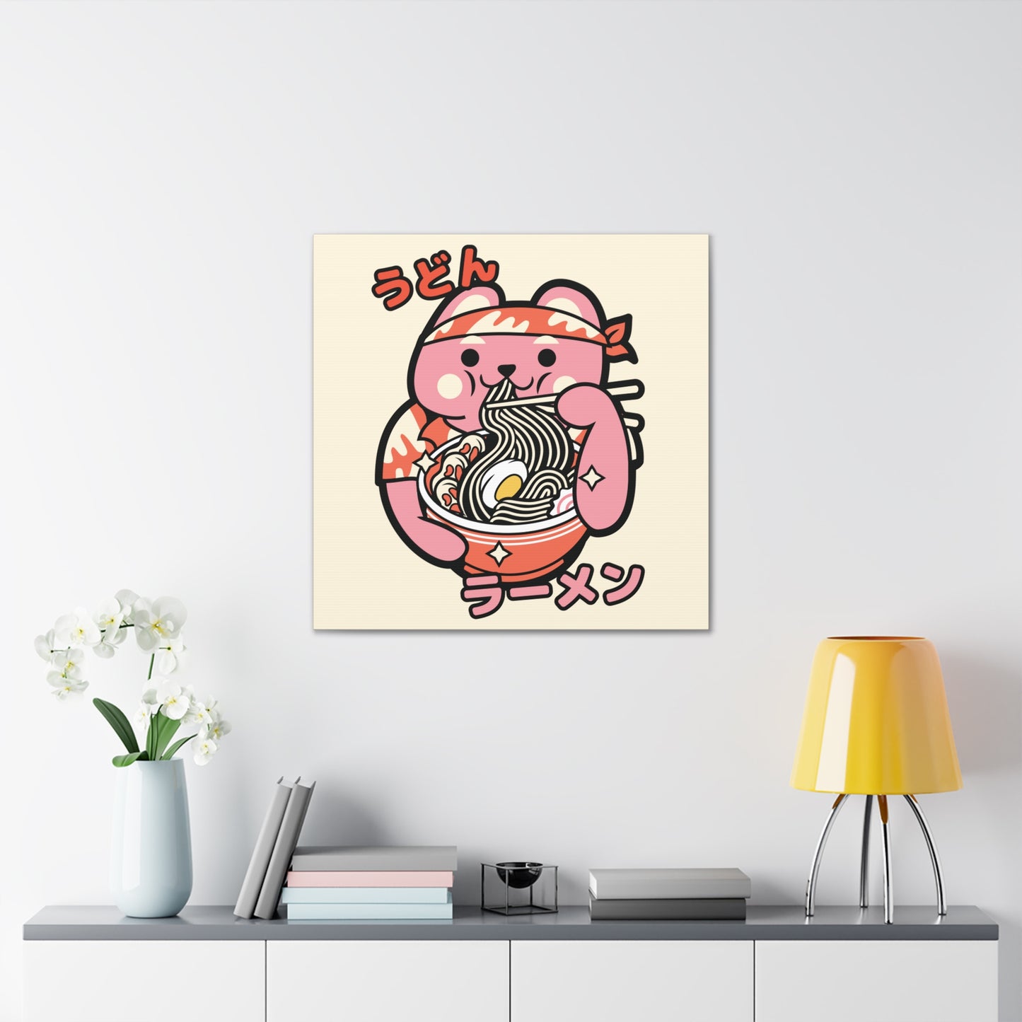 Bandana Cat Eating Ramen Canvas - Fun Japanese-Inspired Wall Art