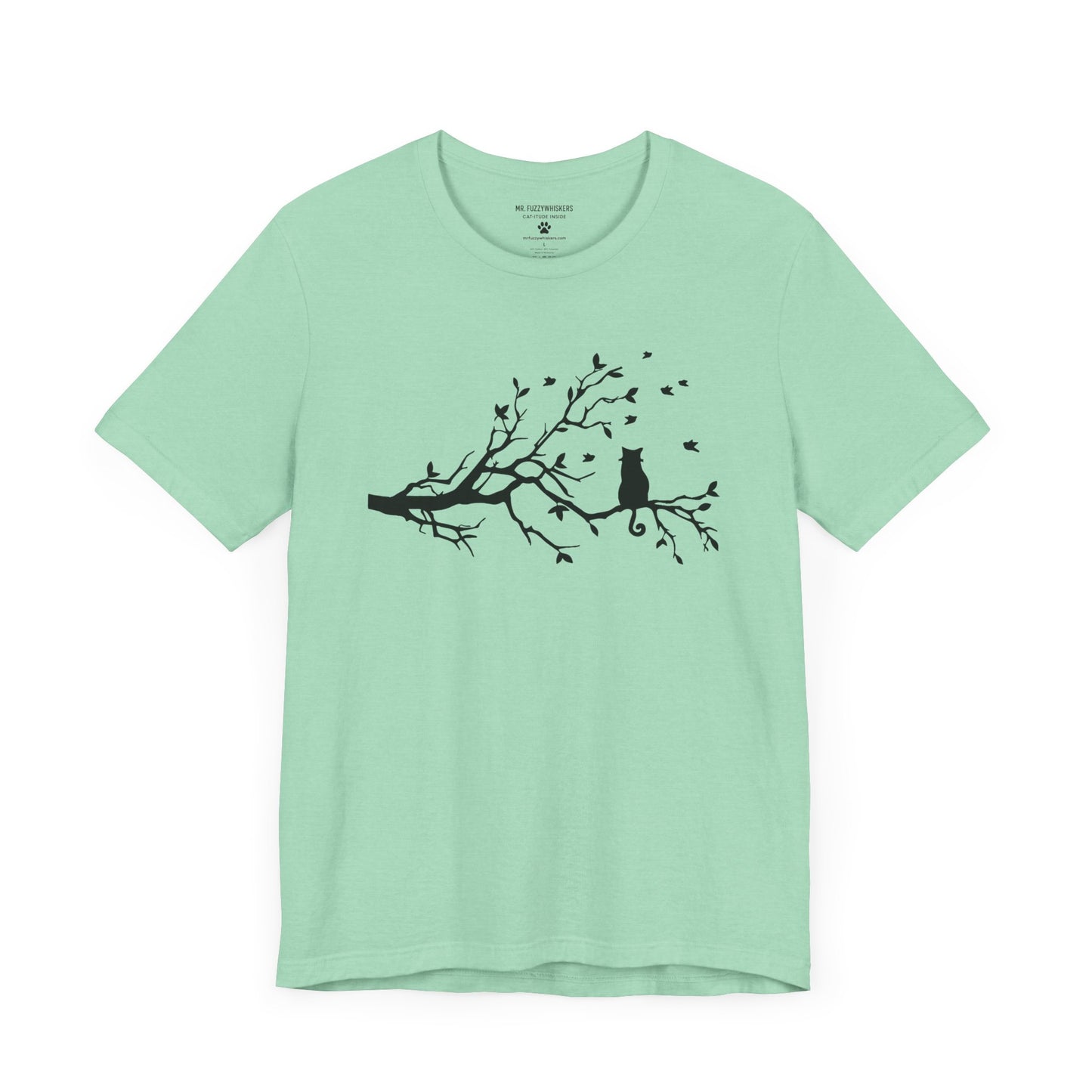 Autumn Cat Silhouette T-Shirt – Cat on Tree Limb with Blowing Leaves | Mr. Fuzzywhiskers